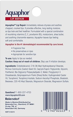 Miniatura 6 de Aquaphor Ungüento para reparación de labios, paquete de bálsamo labial hidratante, alivia la sequedad, tubo de 0.35, paquete de 2