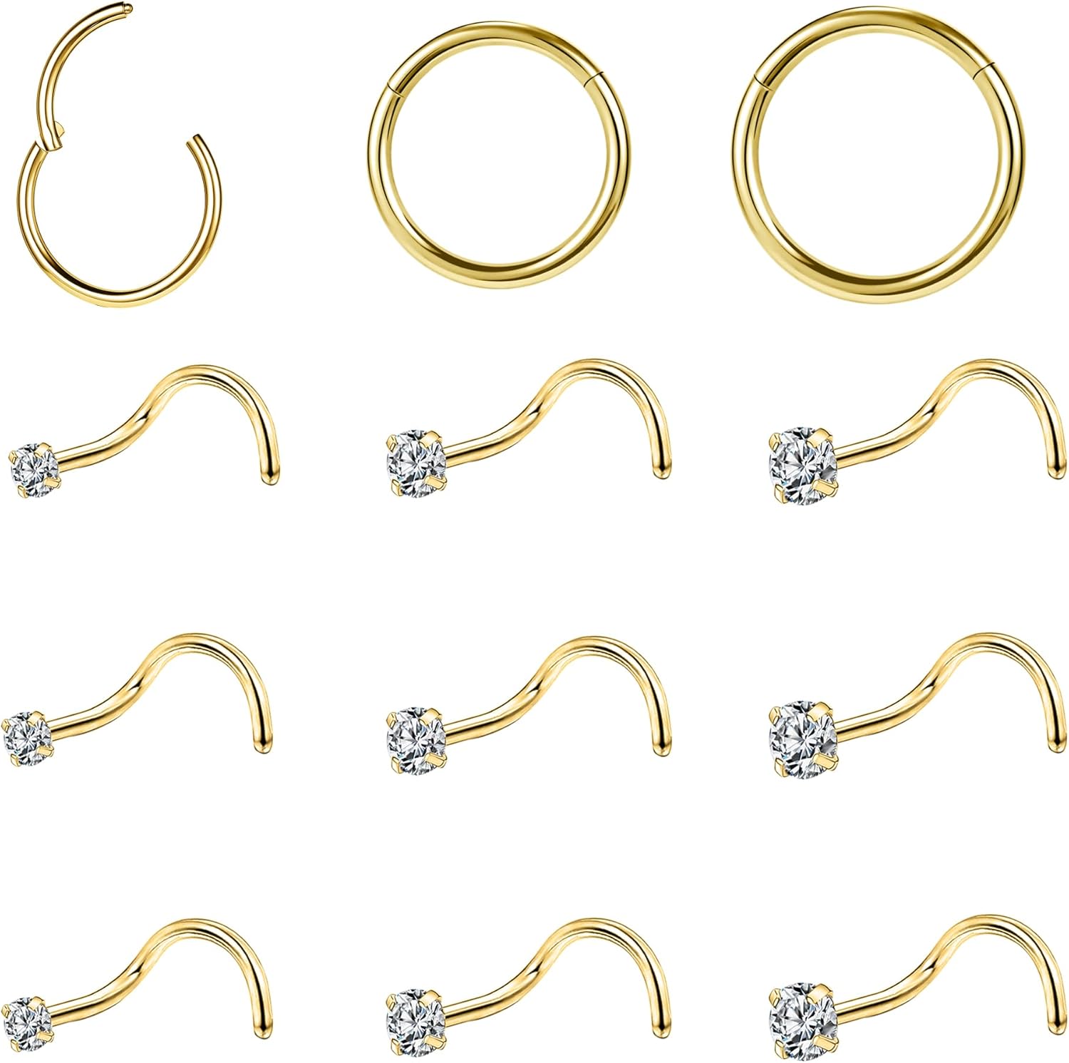 10-12Pcs 18G 20G Nose Rings Studs Hinged Hoop Nose Ring for Women Men Corkscrew Bone L Shaped Nose Studs Hypoallergenic 316L Surgical Steel Nose Piercings Jewelry Small Silver Gold