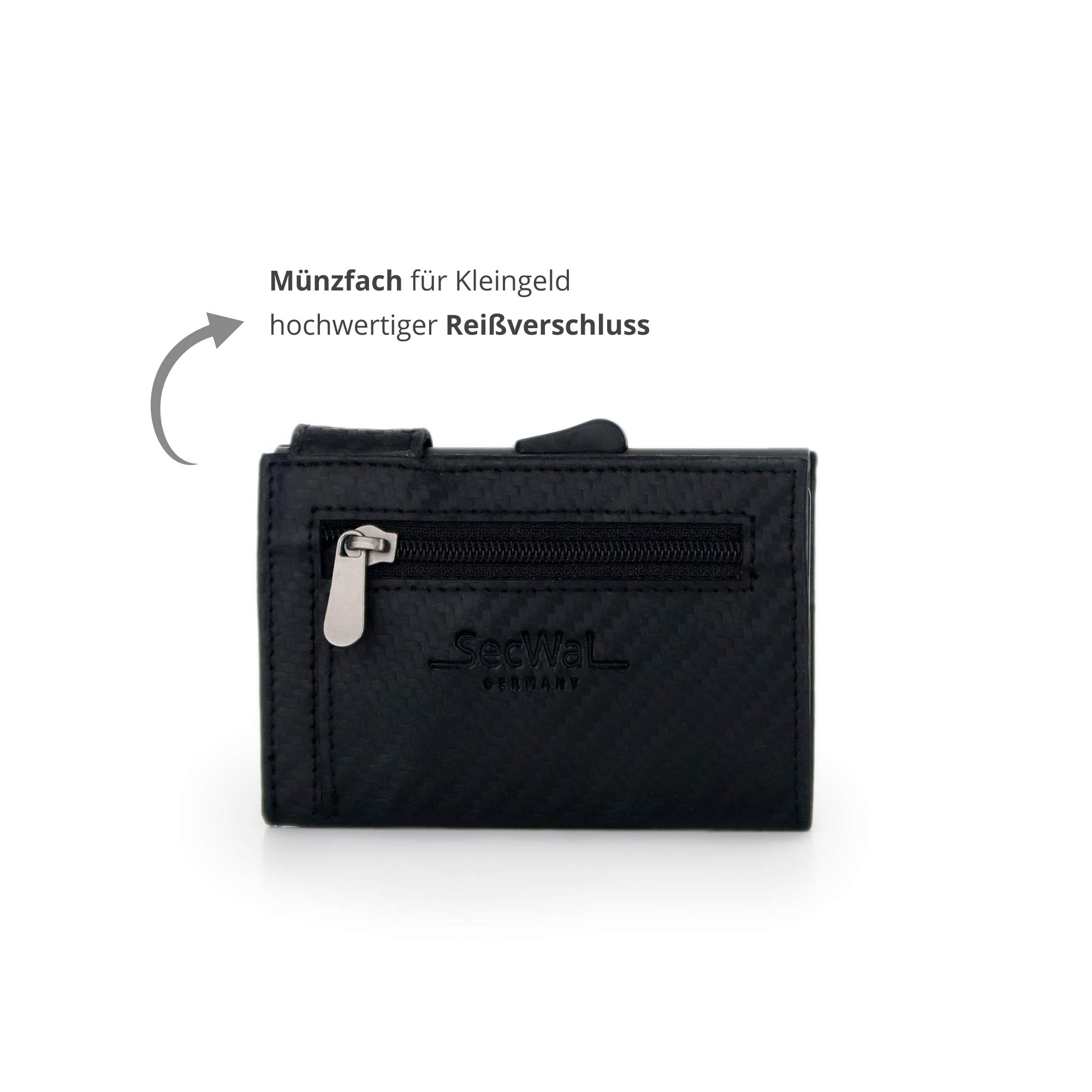 SecWal Kartenetui mit Münzfach Reißverschluss (Schwarz Carbon)