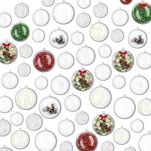 Vinsot 75 bolas de adorno rellenables de plástico transparente para Navidad, bolas de manualidades, 5 tamaños, adornos colgantes para árbol de