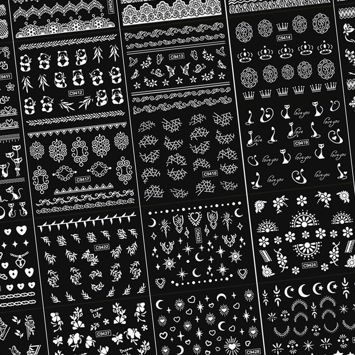 30 Sheets White Nail Art Stickers 3D Self-Adhesive White Lace Hollow Nail Stickers Cat Flower Star Moon Heart Nail Decals 3D Gold Retro Nail Art Design Manicure for Women DIY Acrylic Nails Decoration