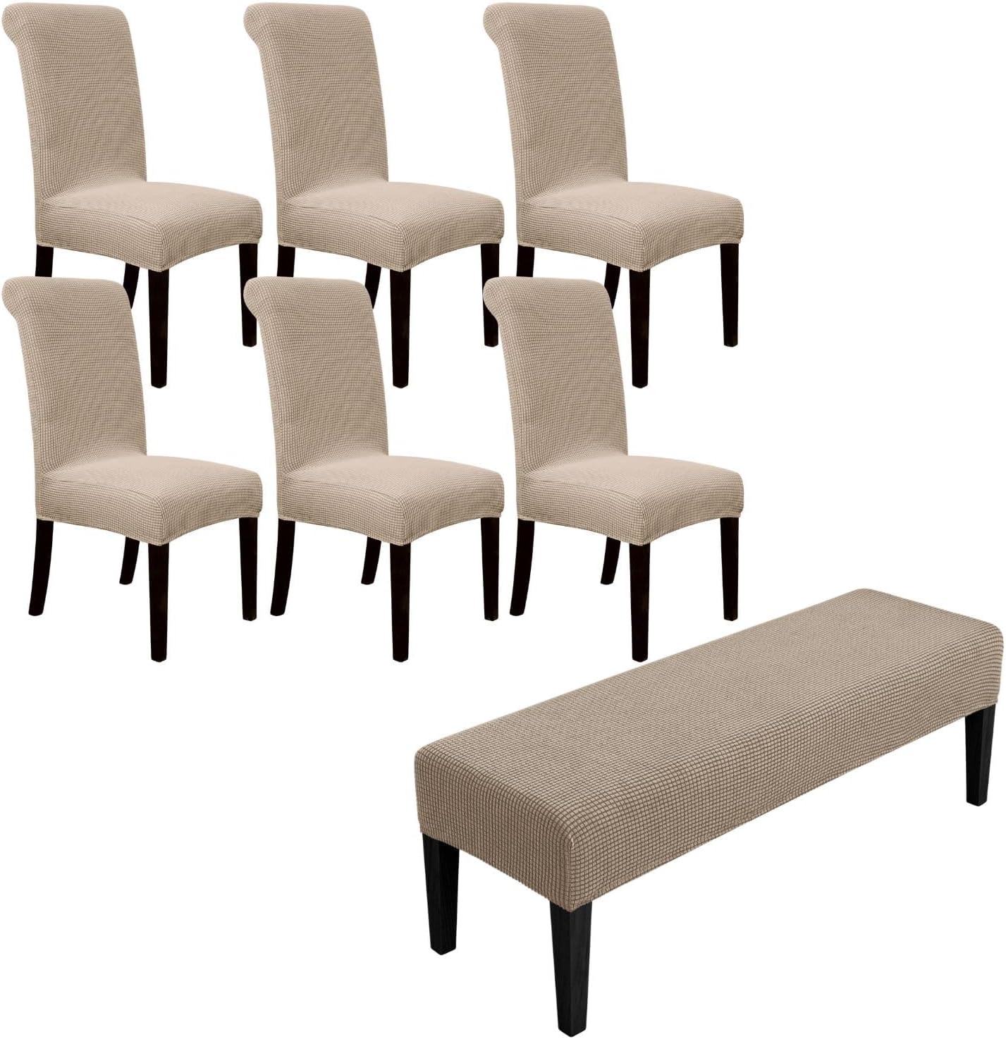 SPRINGRICO Slipcover Bundle Products, Dining Room Chair Covers Set of 6, Dining Bench Cover Stretch, Washable Chair & Bench Slipcovers (S1-Khaki)