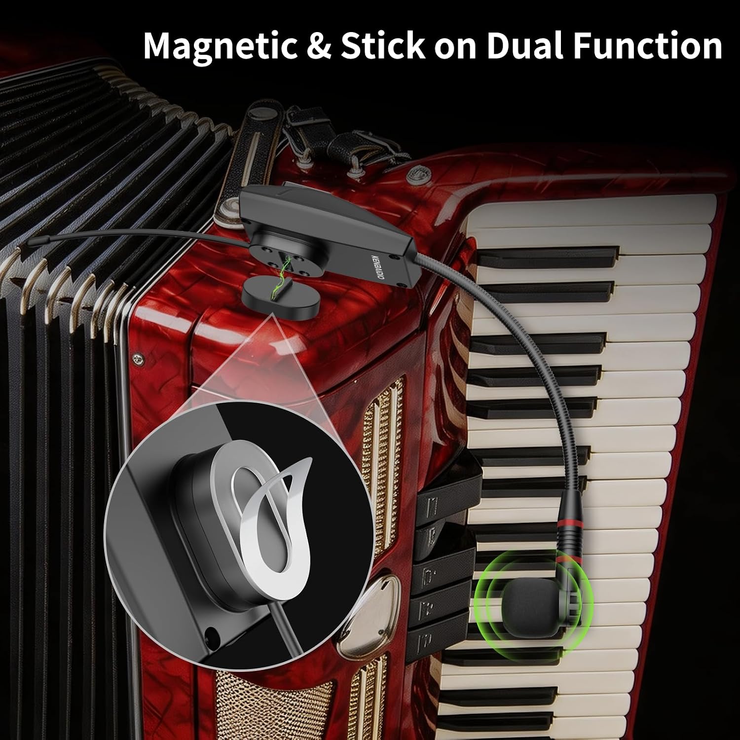 UHF Accordion Wireless Microphone Dual Transmitter, Instrument Mic System with Detachable Magnetic Clip, Piano Guitar Violin Cello Pickup for Stage Performance, Concerts, Recording,196FT