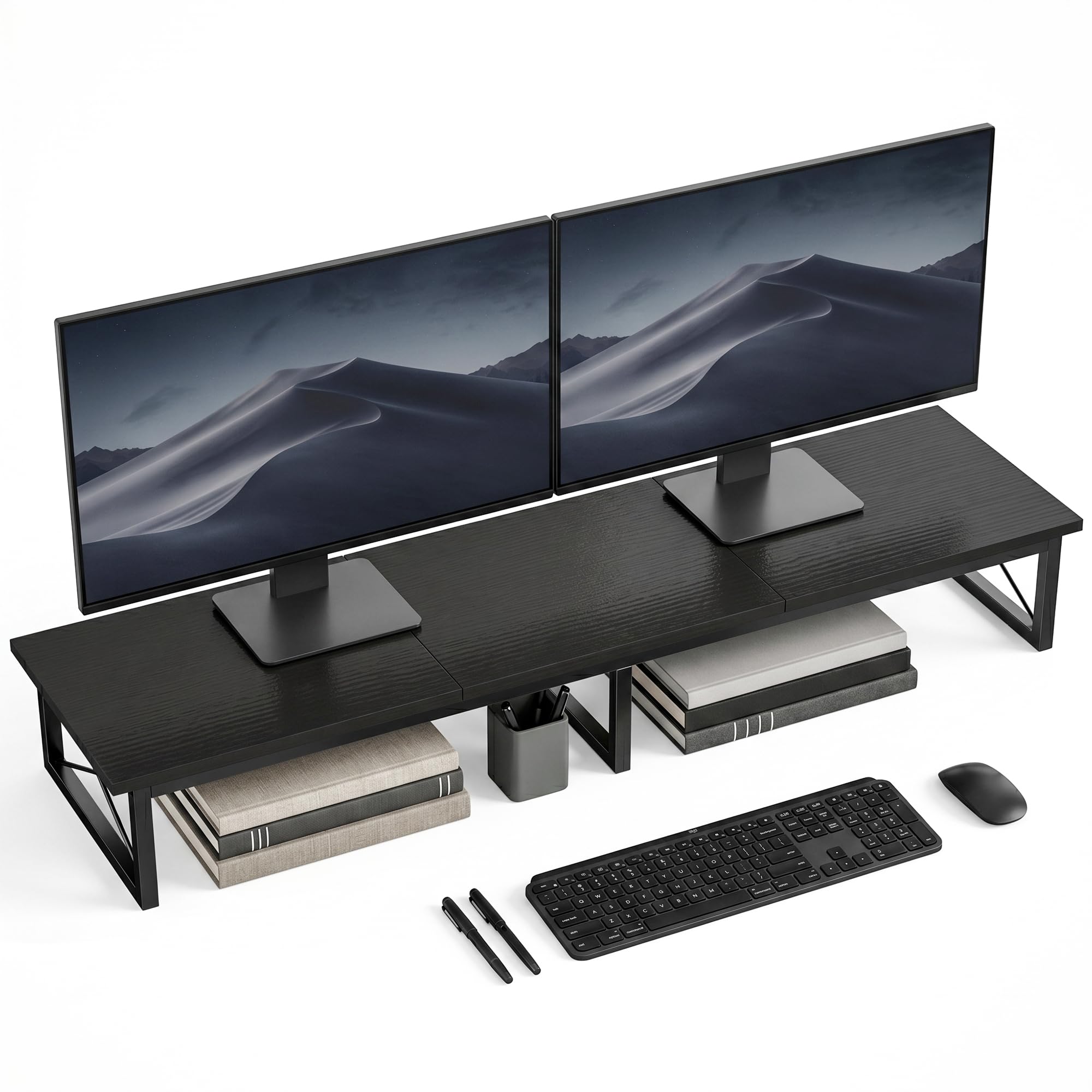 HOMCOM Supporto per Monitor da Scrivania, Rialzo per Monitor in Legno con 2 Scomparti Portaoggetti, per Laptop e PC, Fino a 20kg, 114x30x16.5 cm, Nero