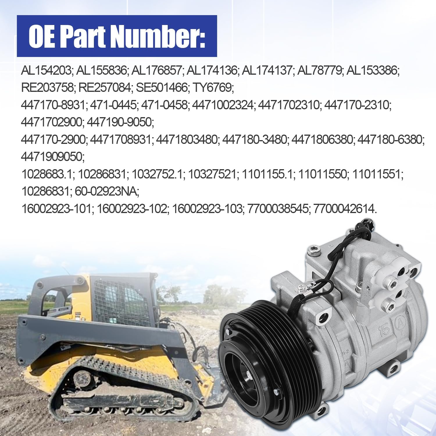 AL176857 AC Compressor 12V 8-Groove Fits for John Deere 323D 333D 4630 6215 6215 4630 6210 6400 7220 Replace AL155836 10PA15C