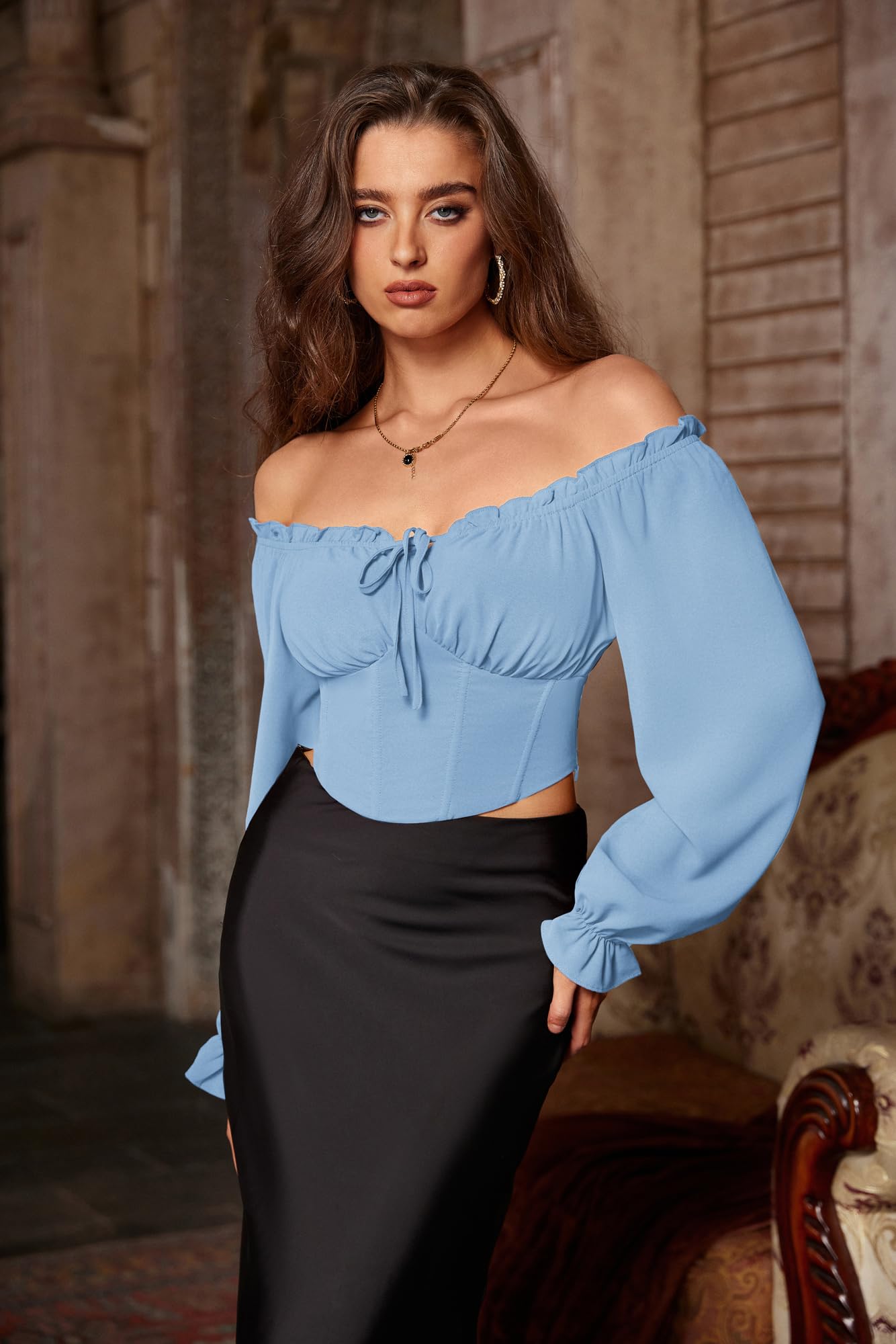 SCARLET DARKNESS Top corto medievale da donna a maniche lunghe corsetto top colletto quadrato elastico in vita camicia pirata