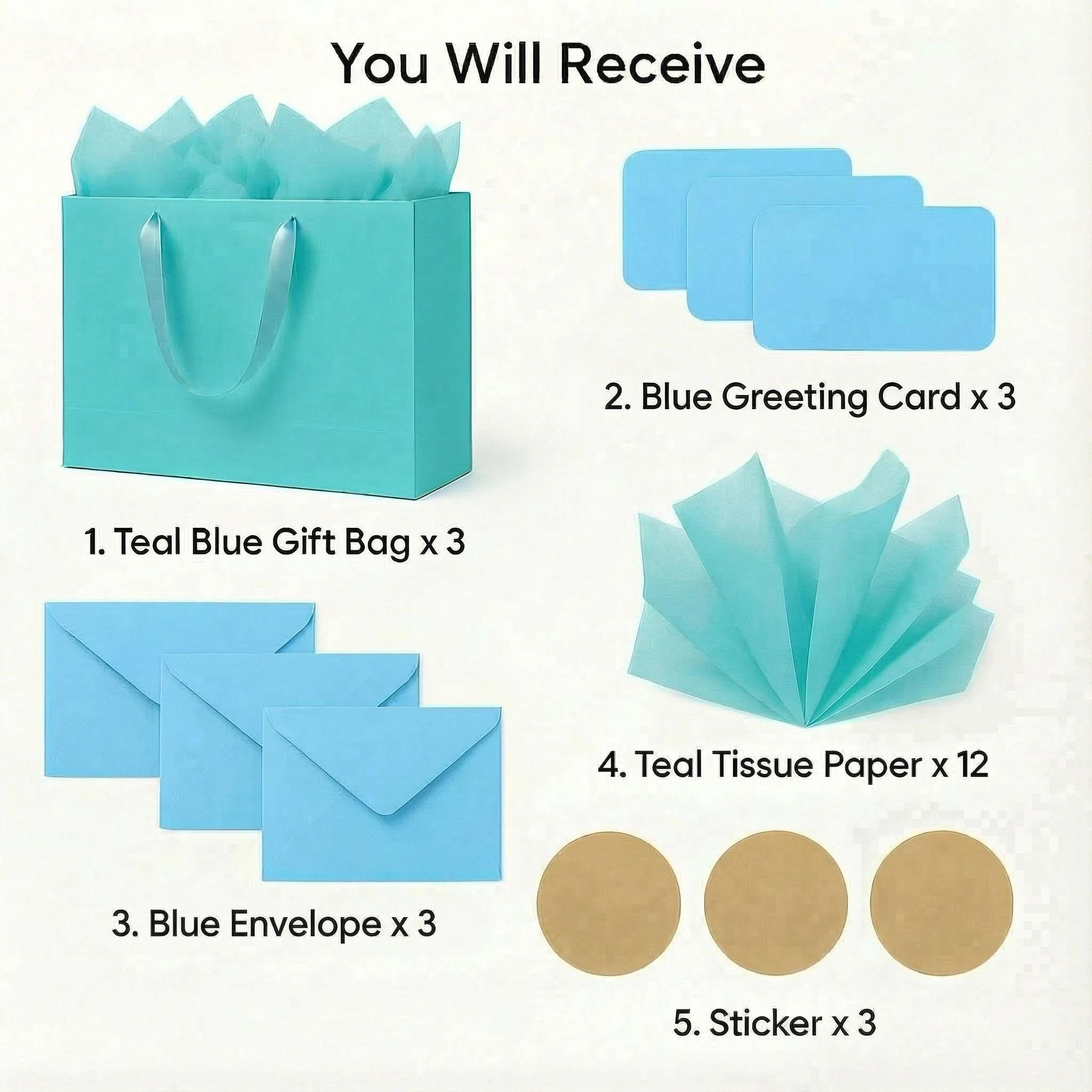 JUNESHE Teal Gift Bags Set of 3, 13.8 inch Paper Bag with Handles Matching Card Envelop Sticker Tissue Paper for Party Shopping Birthday Wedding Anniversary Turquoise