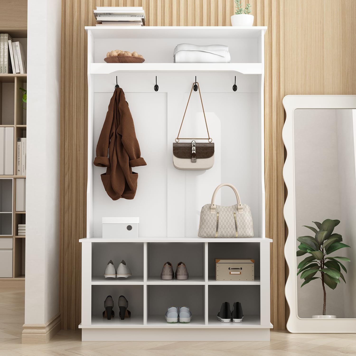 Homsee Modern Hall Tree with Storage Bench, 4-in-1 Entryway Bench with Coat Rack, Tall Hall Tree with 4 Metal Hooks, Shelves & 6 Cubes for Hallway, Living Room, Black (39.8”L x 17.3”W x 67.1”H)