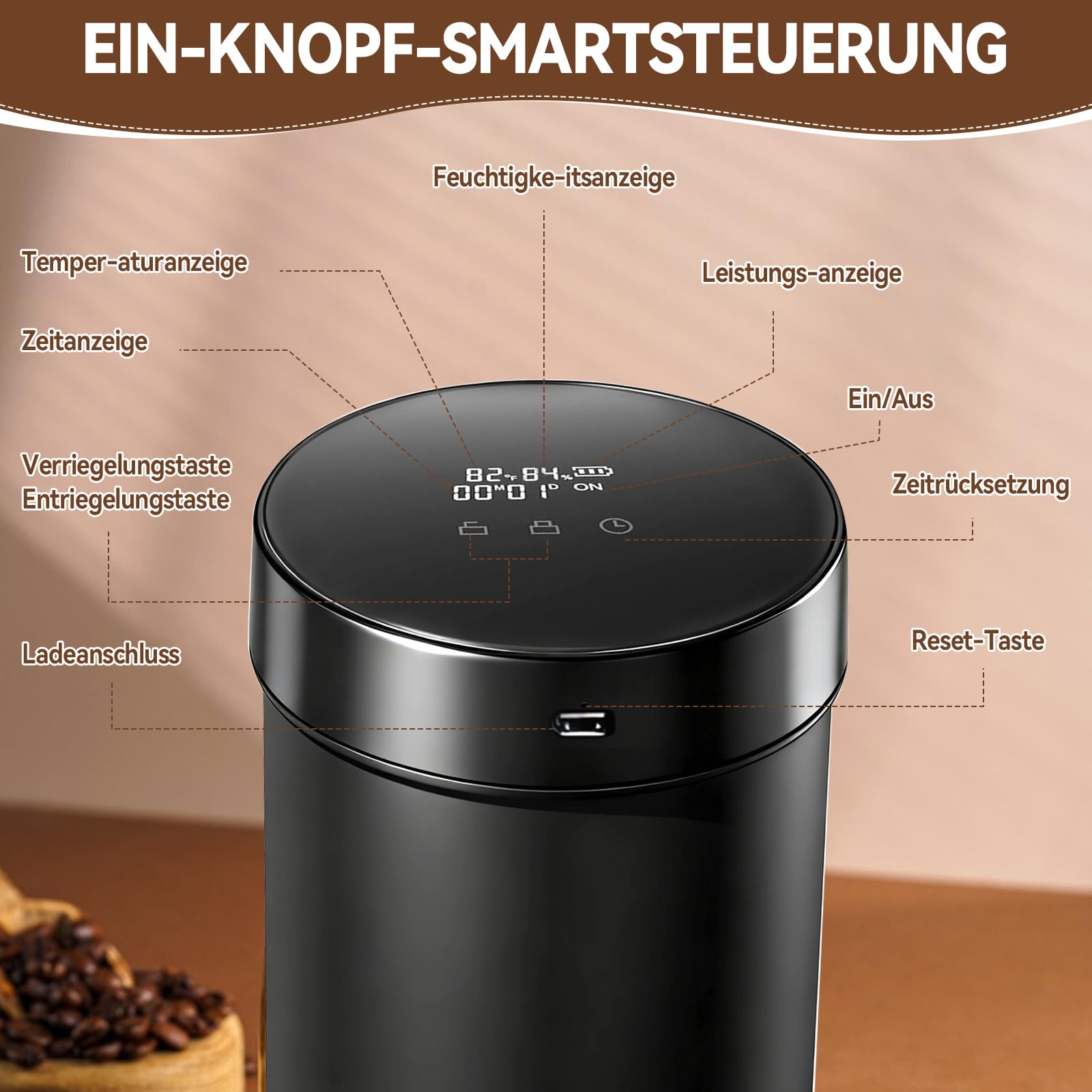 Smart Jar 1800ml 500ml Auto-Vakuum-Kaffeedose Ein-Klick Luftabsaugung Edelstahl für Kräuter, Pilze, Kaffee, Gewürze, Blumen, Luftdichte Aufbewahrung
