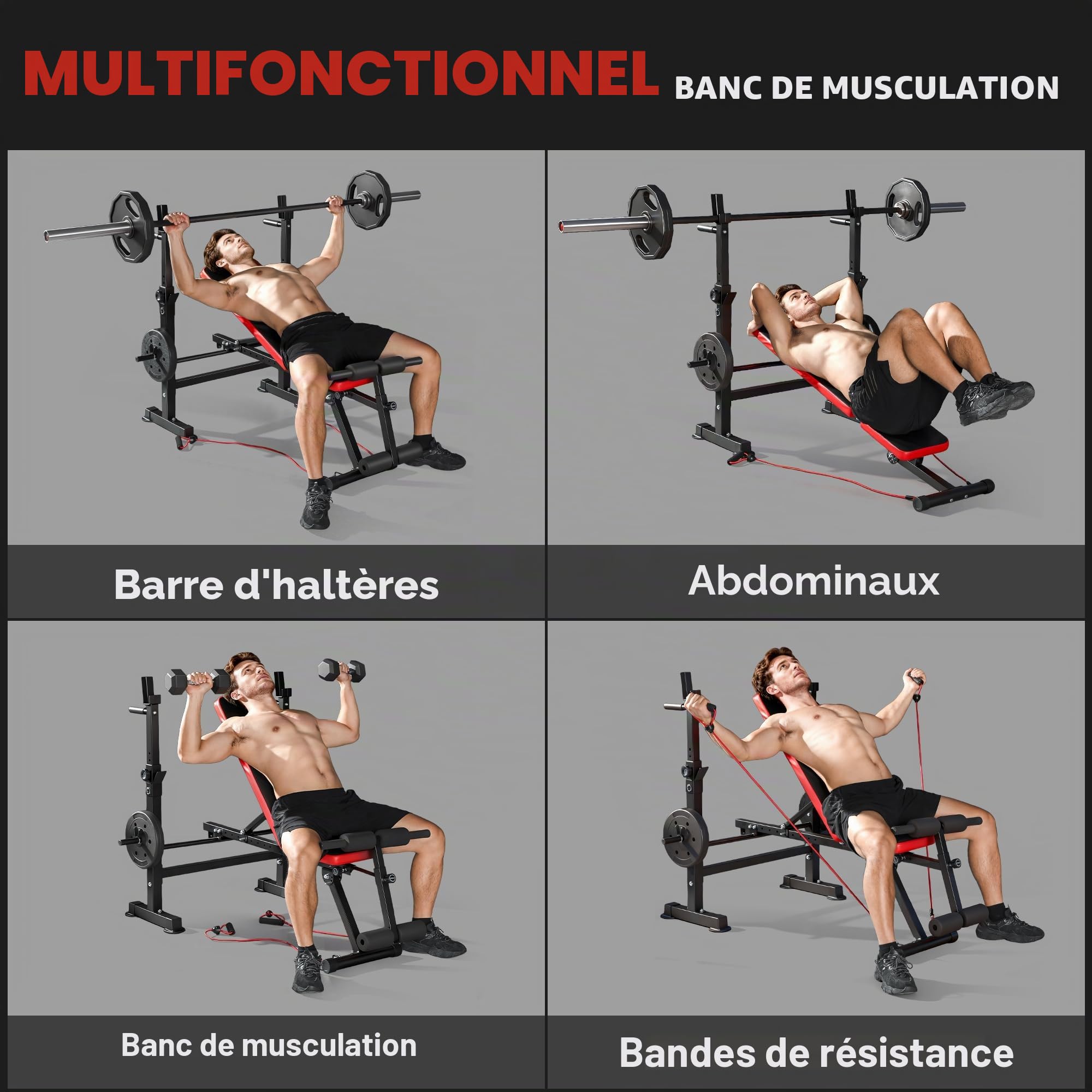 SPORTNOW Banc de Musculation Complet Multifonction avec Dossier Réglable, Repose-Jambes, Sangles d'Entraînement et Support de Poids, Banc Développer Couché à Plat ou Incliné, Entraînement Fitness
