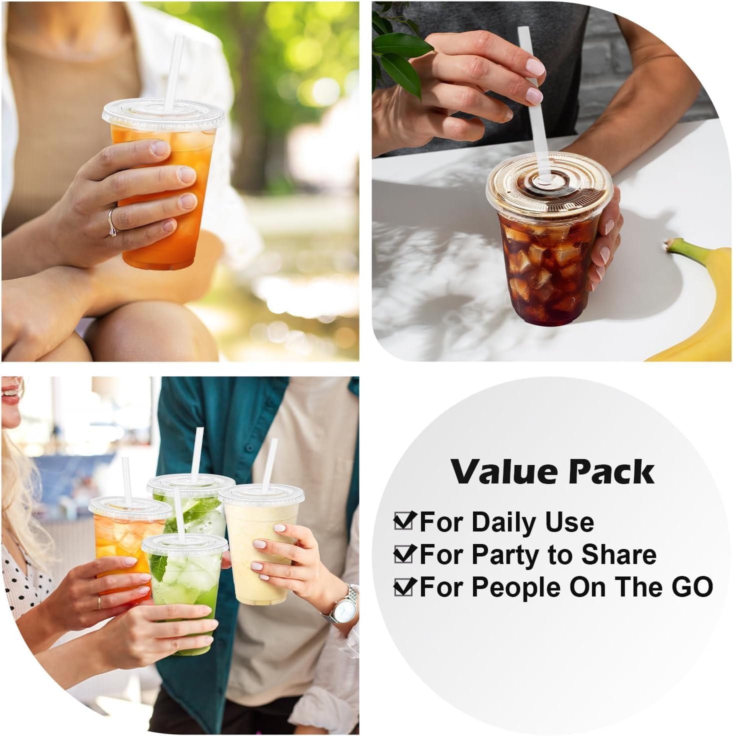 KAHEIGN 50Pcs Plastikbecher mit Deckel – 16oz/480ml wiederverwendbare Plastik-Trinkbecher Smoothie Becher mit Deckel und Loch für Eiskaffee, Cocktail, Smoothie für Kaltgetränke Glühwein Party