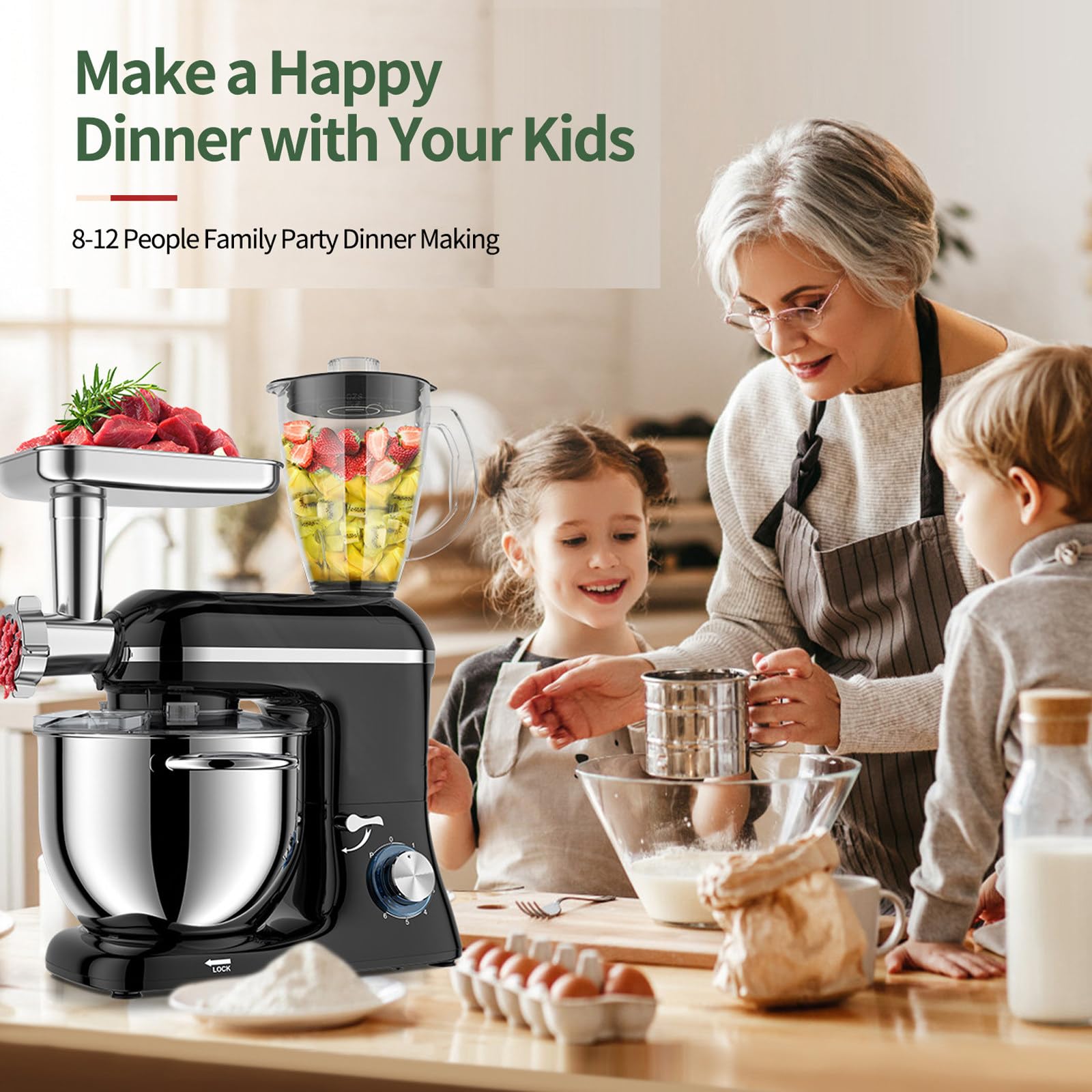 3-in-1-Multifunktionaler Standmixer/Mixer/Fleischwolf – 7,5 Qt Edelstahlschüssel, 1,5 l Glasbehälter, stumm/6 Geschwindigkeiten – für 8–12 Personen Familienparty Abendessen machen