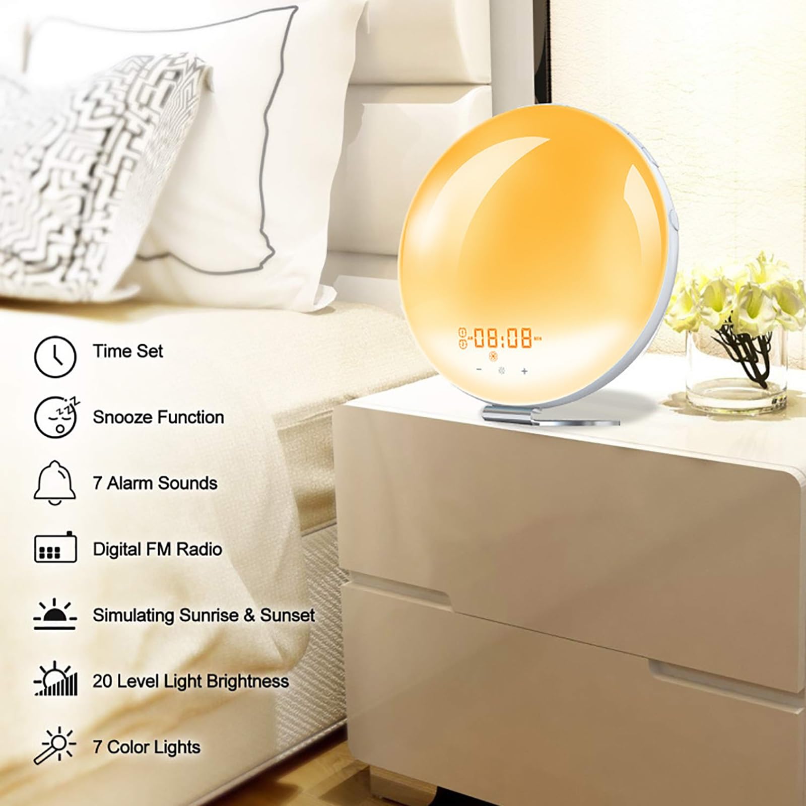 Sveglia con Simulazione Dell'alba, Simulazione Del Tramonto in Camera Da Letto, Doppio Allarme, Suoni Naturali, Aiuto al Sonno, Radio FM, Luce Notturna a 7 Colori per Chi Ha il Sonno Pesante