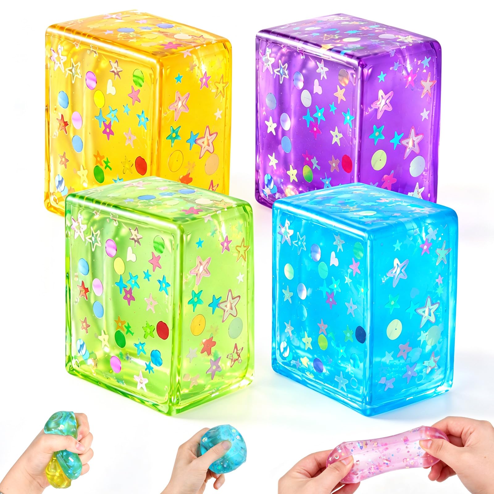4 Pack Glitter Ice Cube Stress Ball, Slow Rising Sensory Fidget Toys