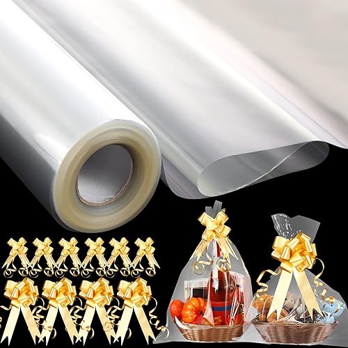 Cholemy 61 rollos de celofán transparente de Navidad de 31.5 pulgadas x 164 pies con lazos de tracción para envolver regalos con 60 lazos de cinta