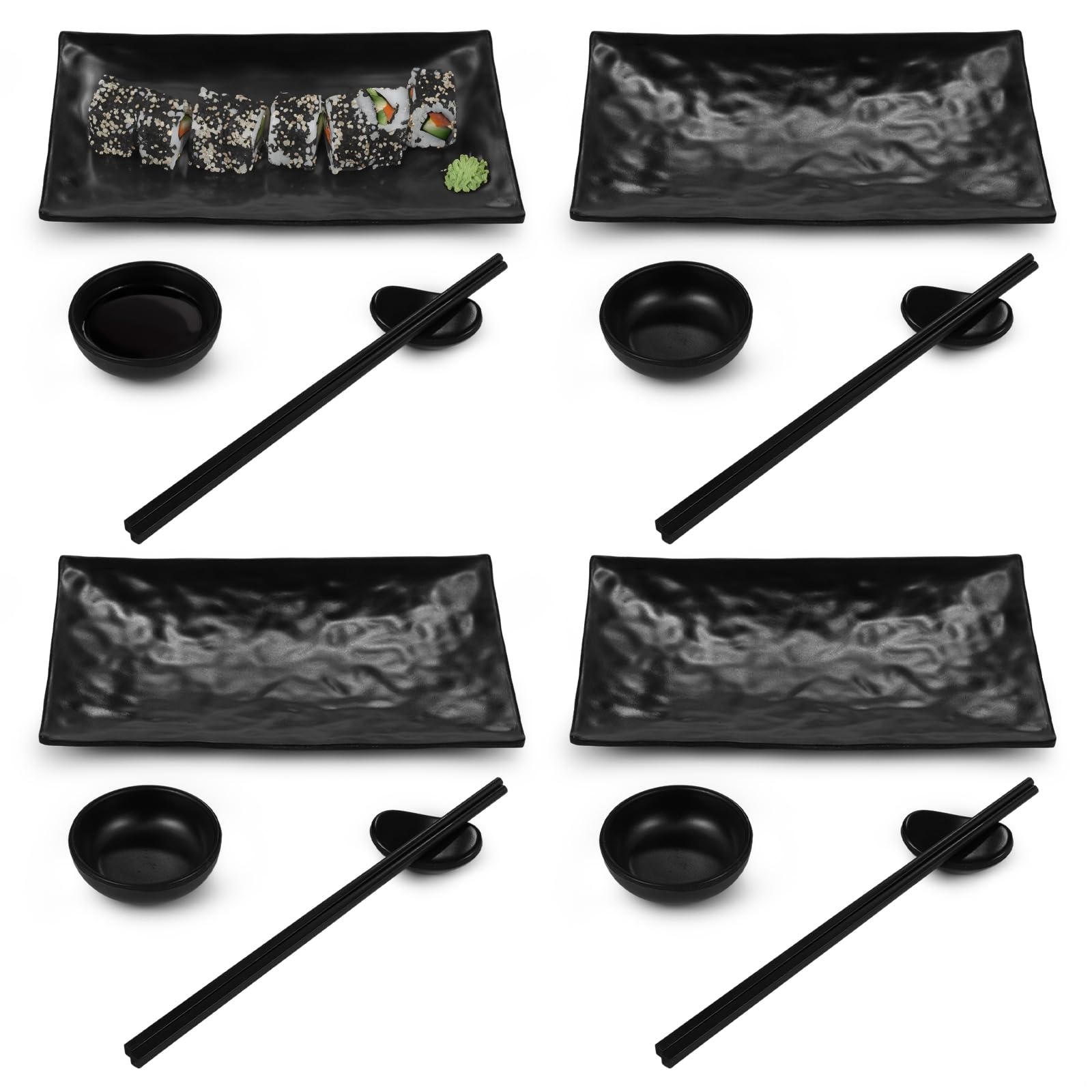 Kit per la cena per sushi, supporto per bacchette, set di 16 piatti per sushi, quattro paia di bacchette, per quattro persone, quattro ciotole per salsa di soia, 4 piatti per sushi in stile