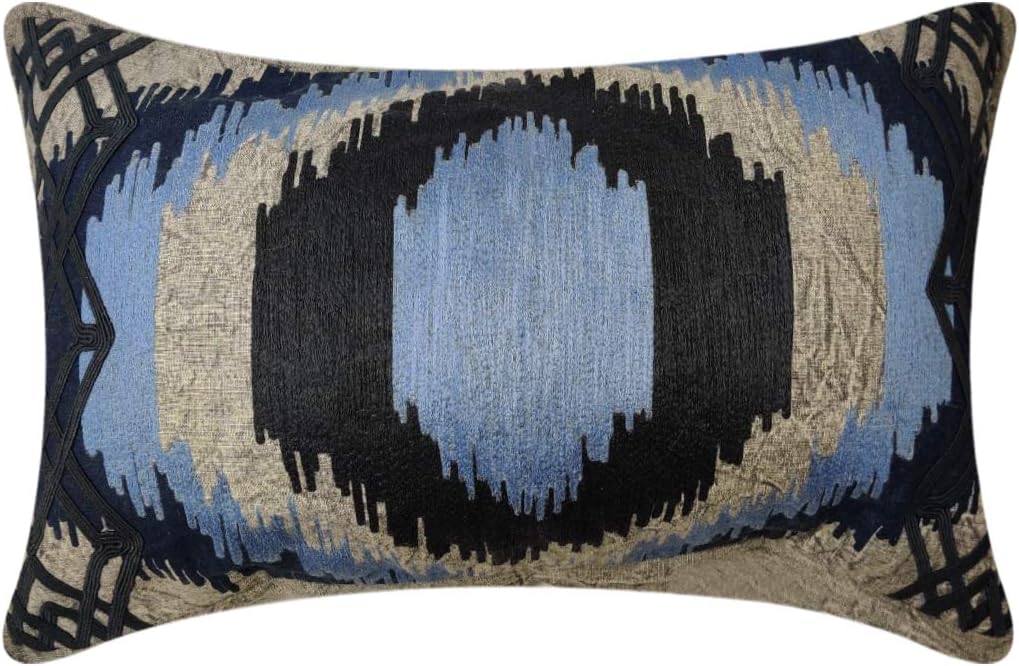 SAJAVAT HOME SHF_S_0102R Cotton Ikat Embroidery Pillow Cover (Pack of 1) 14x26 INCHES / 35x66 cm Blue & Grey (Designer Range) (Blue & Grey, Cotton)