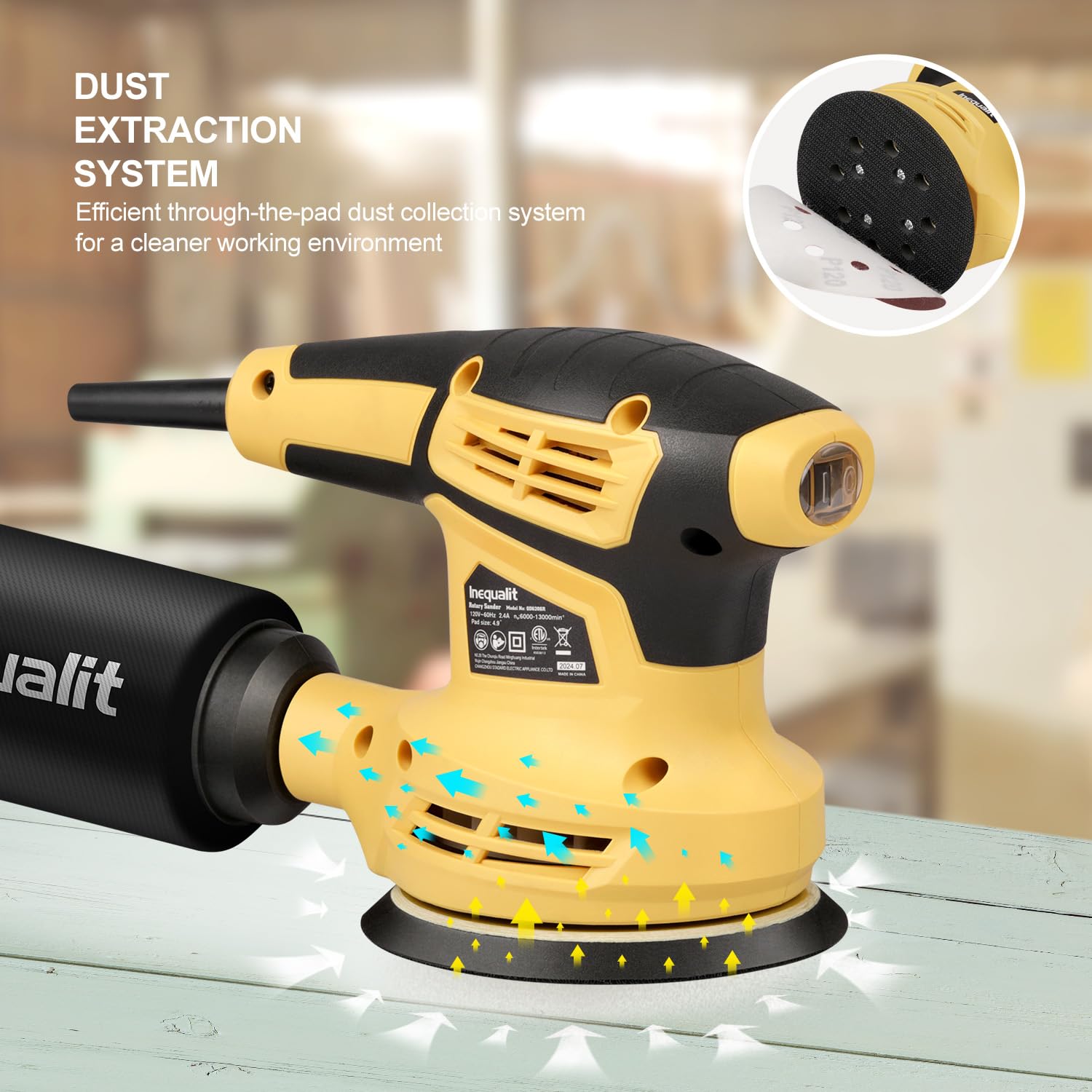 Ponceuse Orbitale Excentrique 280W, Inequalit Ponceuse Excentrique à 6 Vitesses (13000RPM),pour Surfaces en Bois et Acier,Collecteur de Poussière,Inclus Papier Abrasif 15 Pièces 125 mm,Jaune