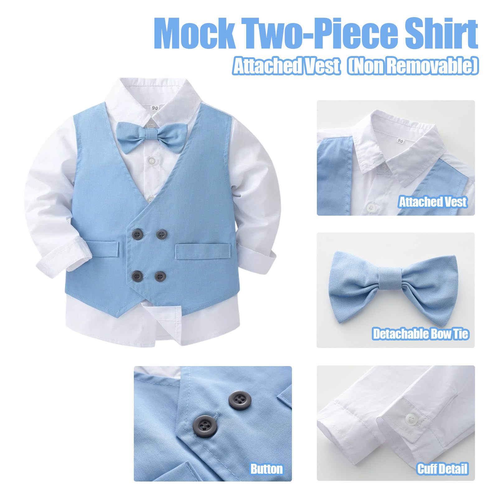 Ensemble de costume formel 2 pièces pour tout-petit garçon avec chemise et gilet, costumes de gentleman pour garçons, tenues de mariage