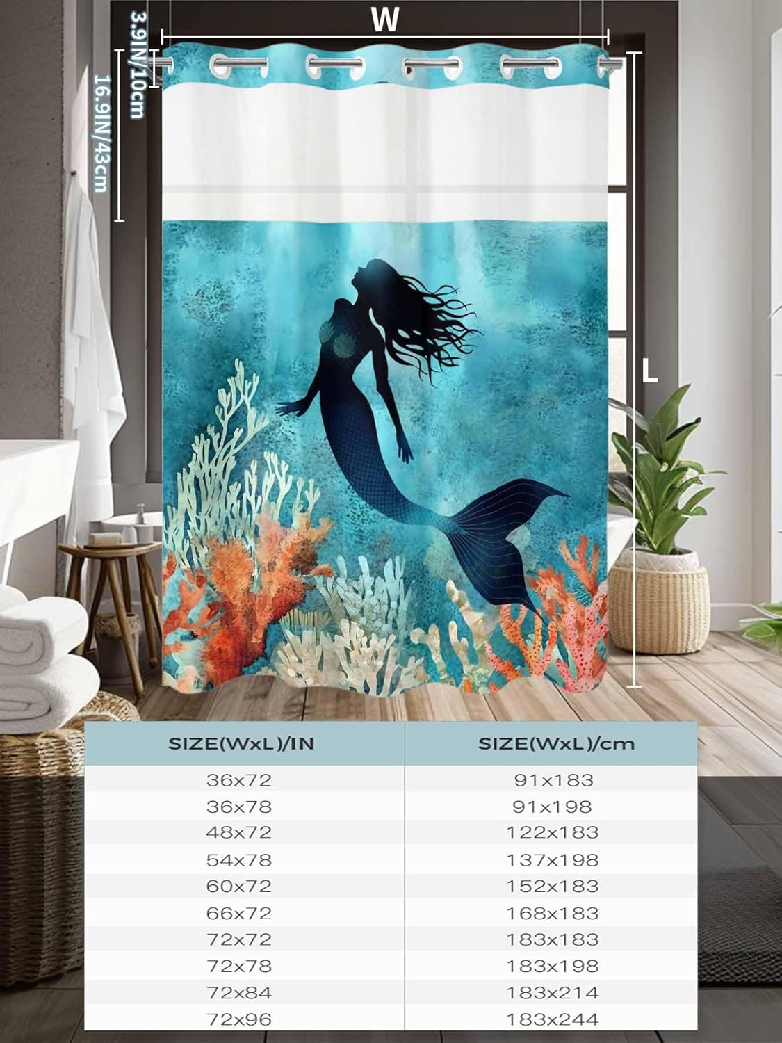 No Hook Shower Curtain with Snap in Liner, Watercolor Mermaid Silhouette Coral Shower Curtains for Bathroom Bath Curtain with See Through Top Window Undersea World