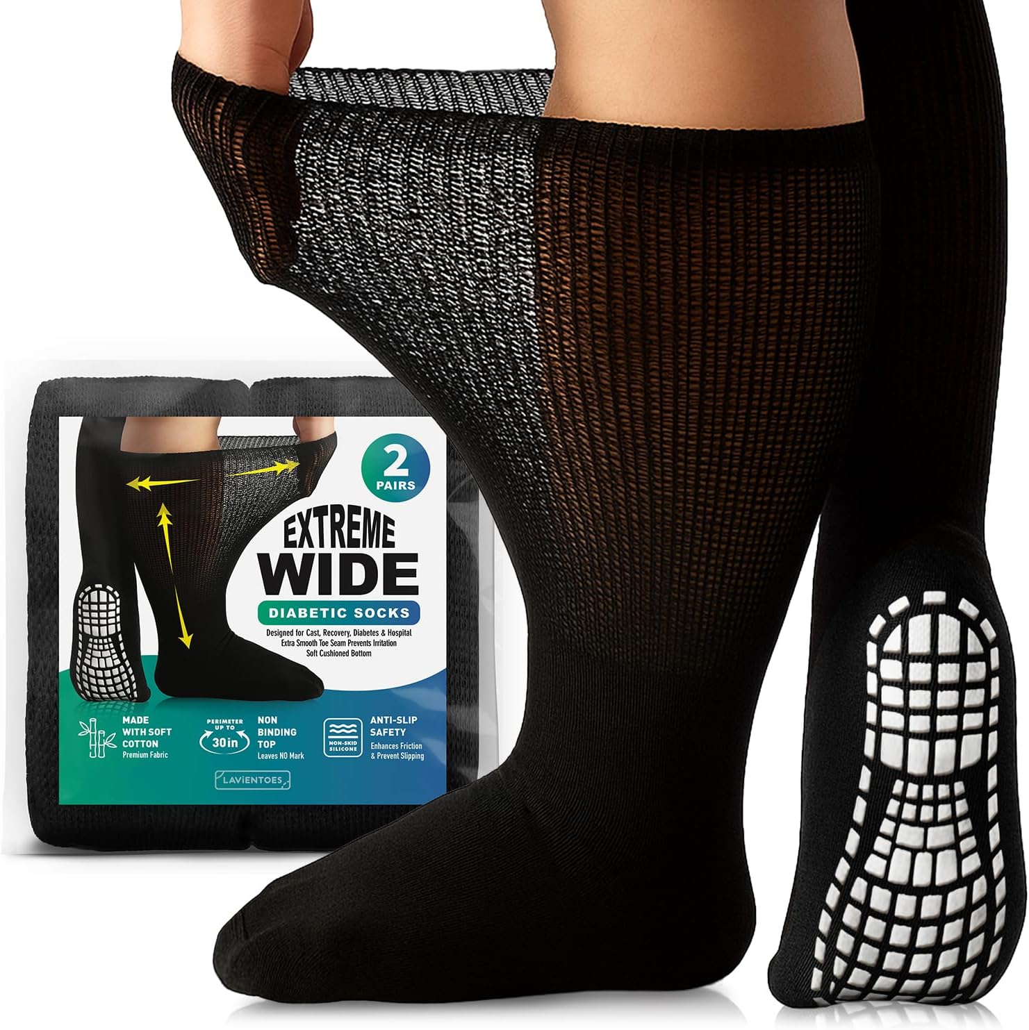 Extreme Wide Non-Slip Grip Diabetic Socks for Swollen Feet Men & Women - Stretch 30” Non-Binding Calf High Bariatric Socks for Hospital, XL-2XL