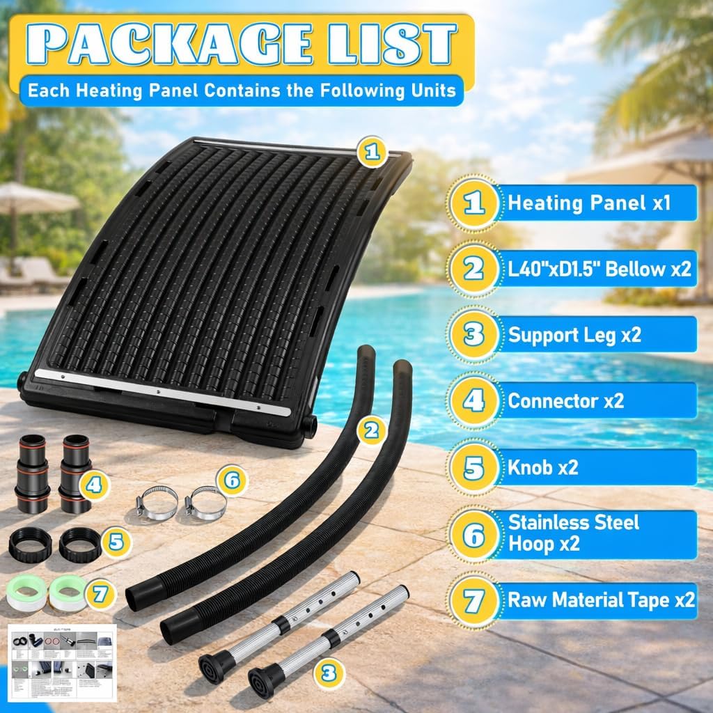 2026 Upgraded Solar Pool Heater with Adjustable Support Feet, Pool Heater for Above Ground Pool, Inground Pool Warmer, with 2 Adapters, 2 Hoses & Clamps, 2 Plumber Tapes, Thicken Connector