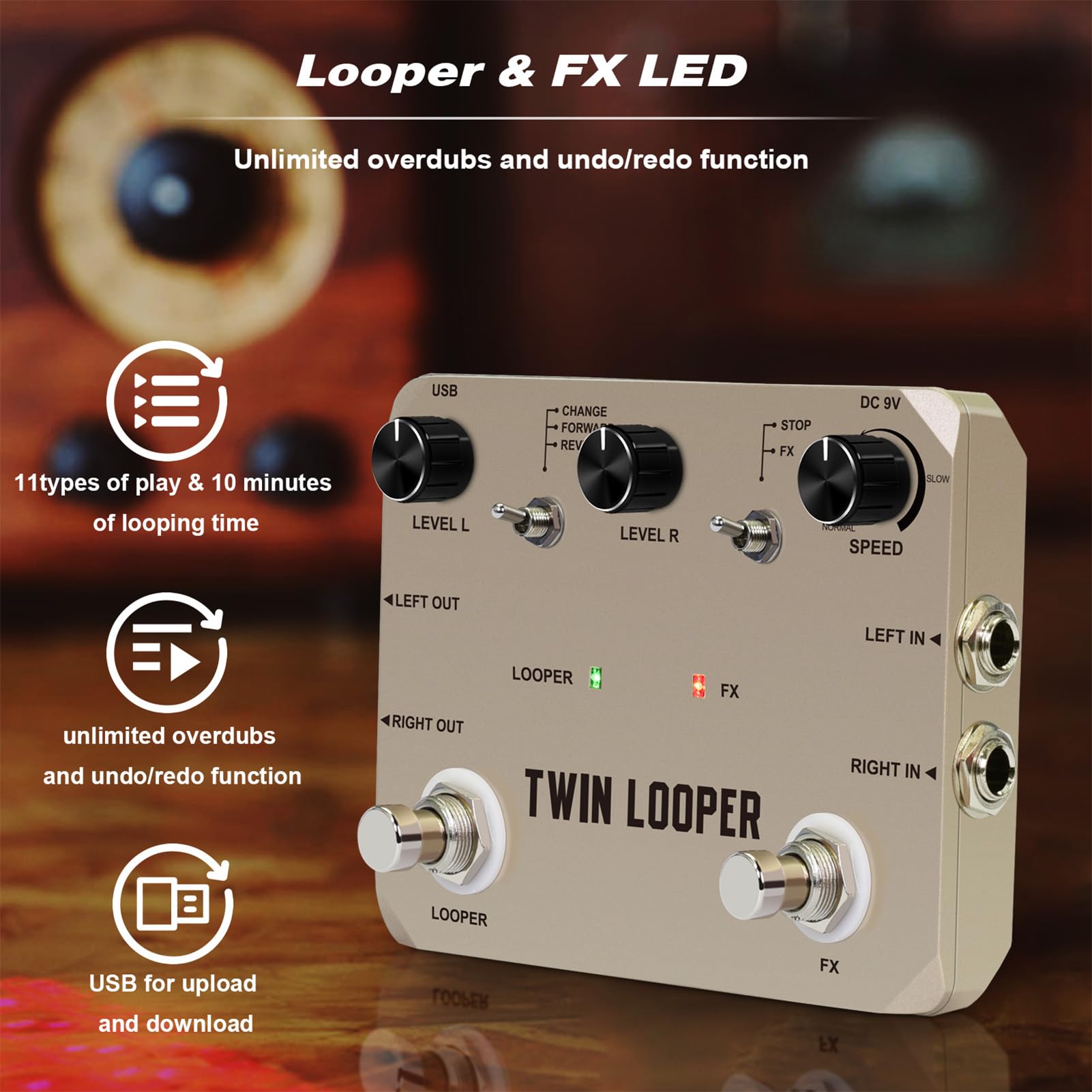 Rowin Guitar Looper Pedal Professional 11 Typów Odtwarzania 10 Minut Nagrywania 24-bitowe Próbkowanie Gitara ze Stopu Cynku Loop Station Pedał Efektów do Występów na Gitarze