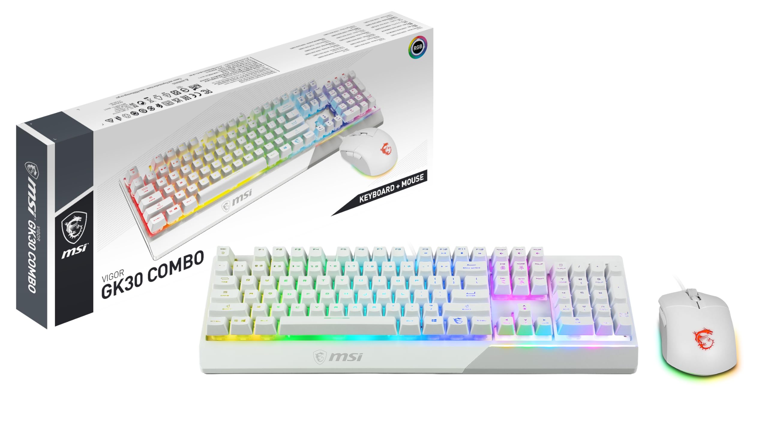 MSI Vigor GK30 Combo White FR Pack Clavier + Souris Gaming - AZERTY, Disposition FR, Pleine Taille, Souris Clutch GM11, Filaire, RGB Mystic Light