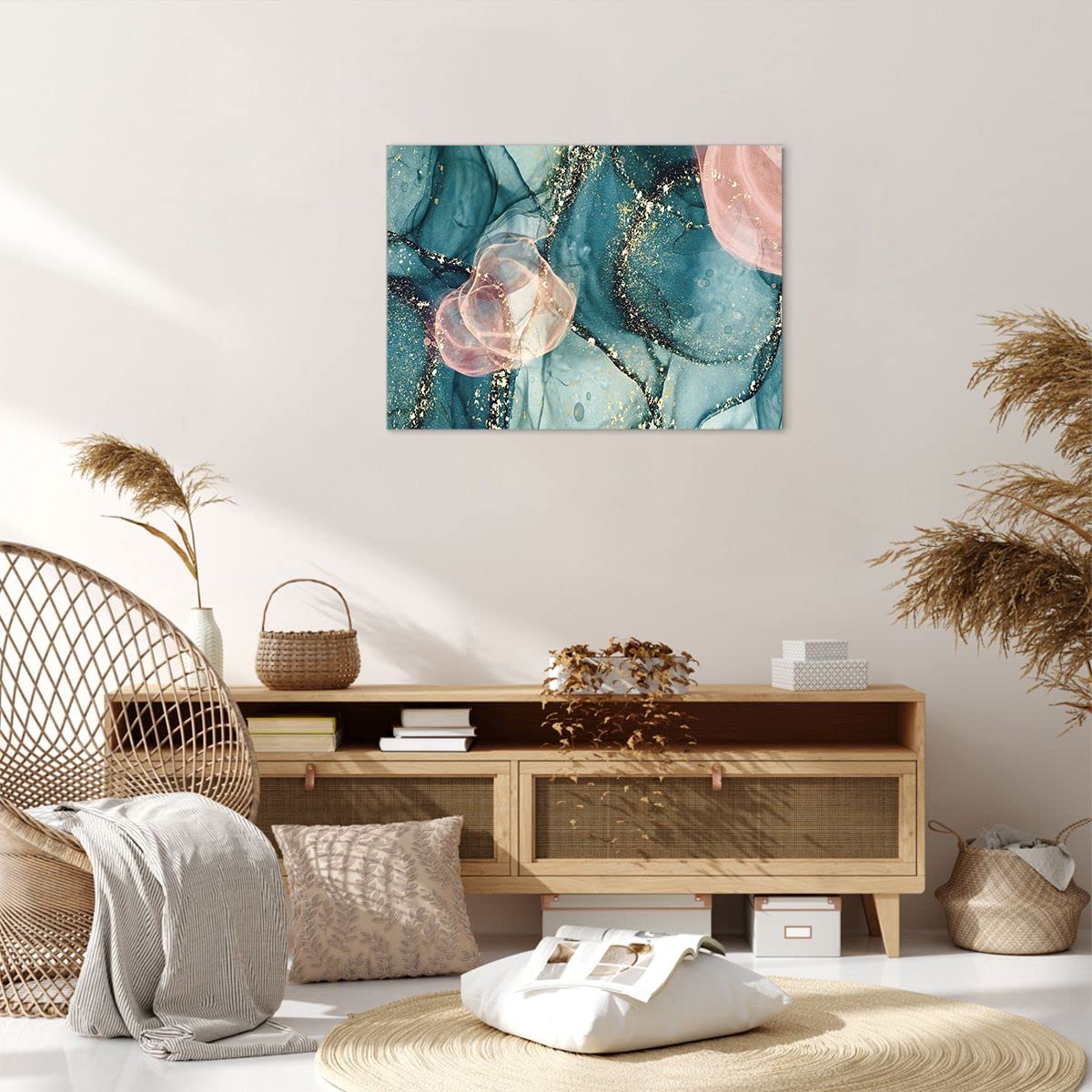 Cuadro Decorativo Moderno Vertical Líquido Oro Rosa 50x70 Cm - Lienzo Canvas Para Salón, Dormitorio O Cocina, Listo Para Colgar