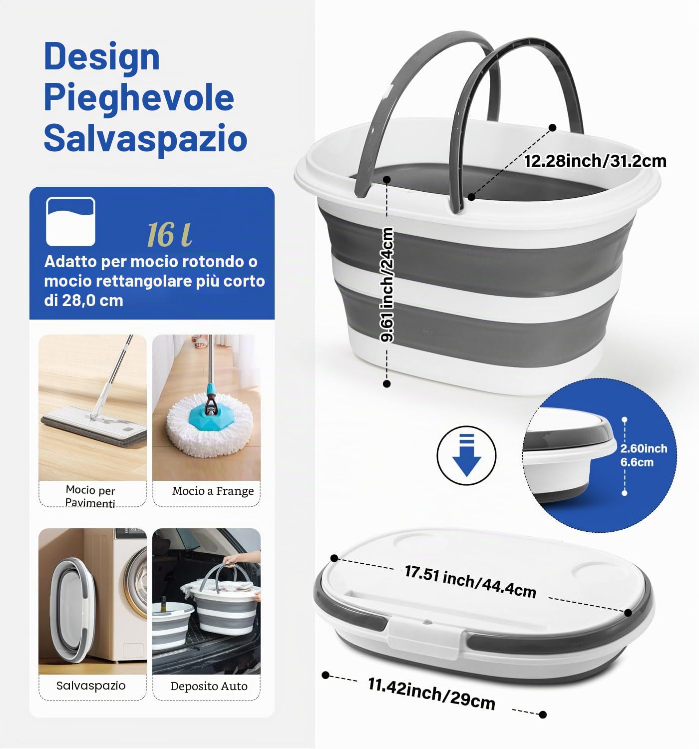 Secchio pieghevole, migliorato da 16L (4,2 galloni), secchio pieghevole per mocio con coperchio multifunzionale, secchio portatile pieghevole per campeggio, spiaggia, sabbia, piscina, barca