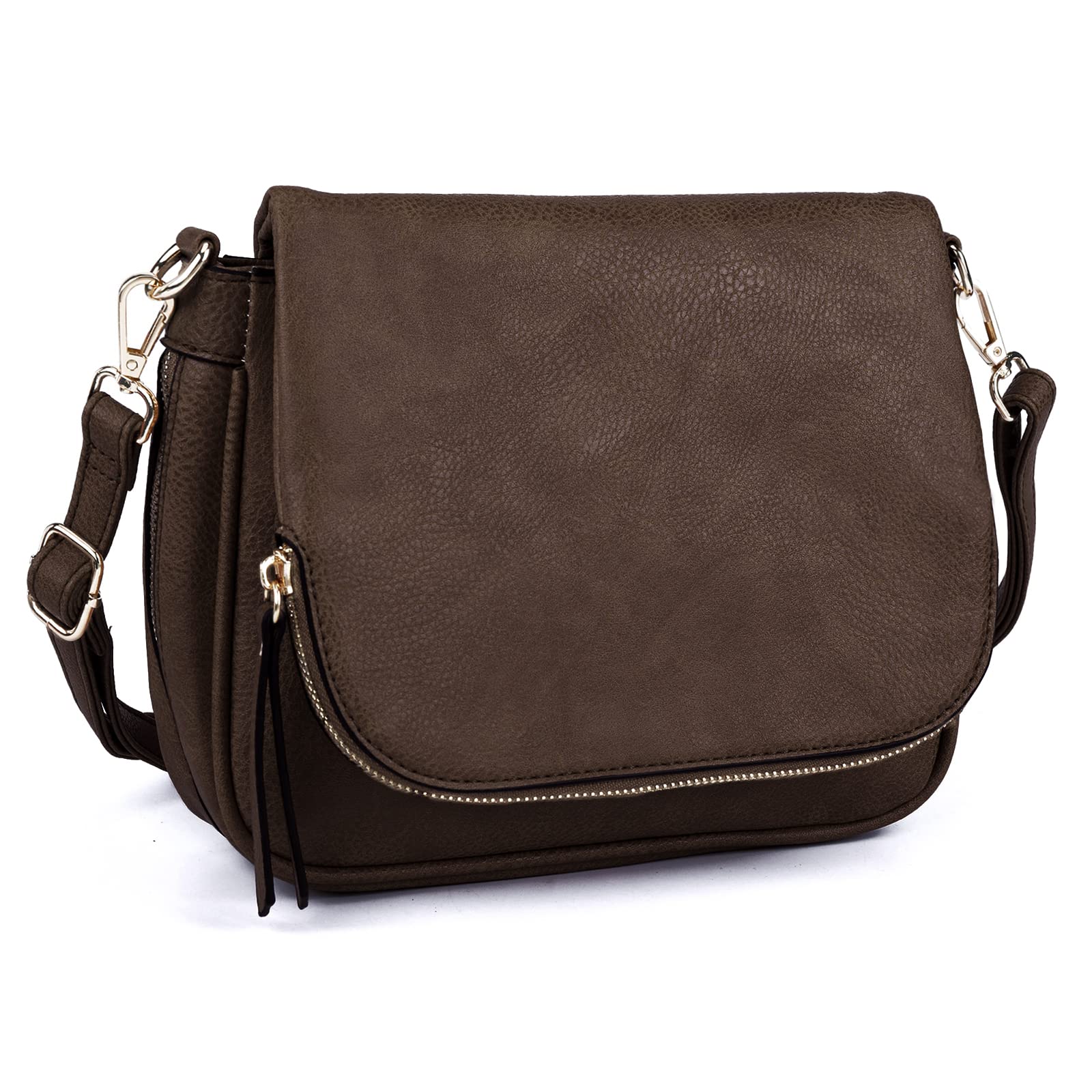 Umhängetaschen für Damen, kleine Umhängetasche aus PU-Leder, mit Überschlag und mehreren Taschen, Kaffee, Small