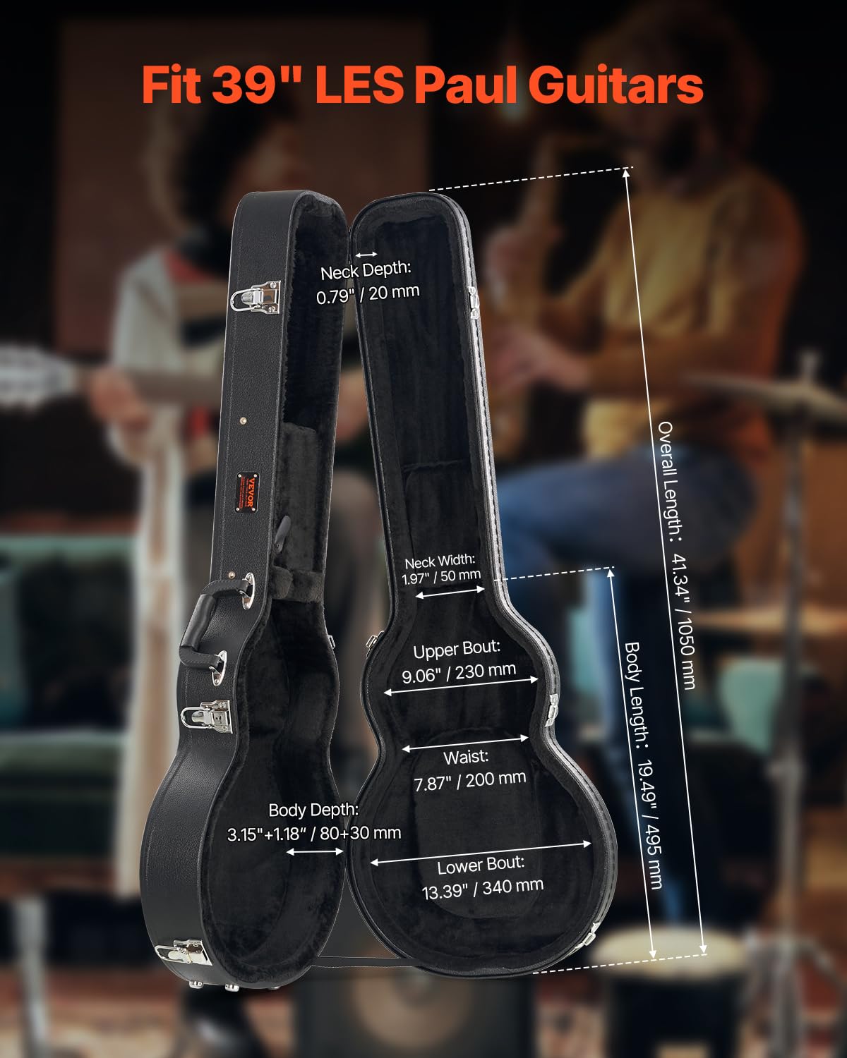 VEVOR Custodia Rigida per Chitarra Elettrica, Custodia Rigida Forma di Zucca 1100 mm, con Chiavi di Chiusura Maniglia Fodera Morbida Custodia Resistente all'Acqua per Chitarre LES Paul 1100 mm Nero