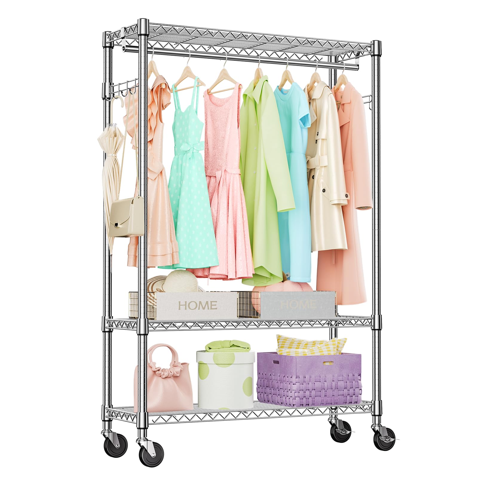 IZEUK 3-Tier Heavy Duty Rolling Garment Rack Wire Clothes Rack for Hanging Clothes, Metal Freestanding Closet Wardrobe Rack with 1 Rods and Wheels Chrome 15.8" D x 45.3" W x 75.7" H