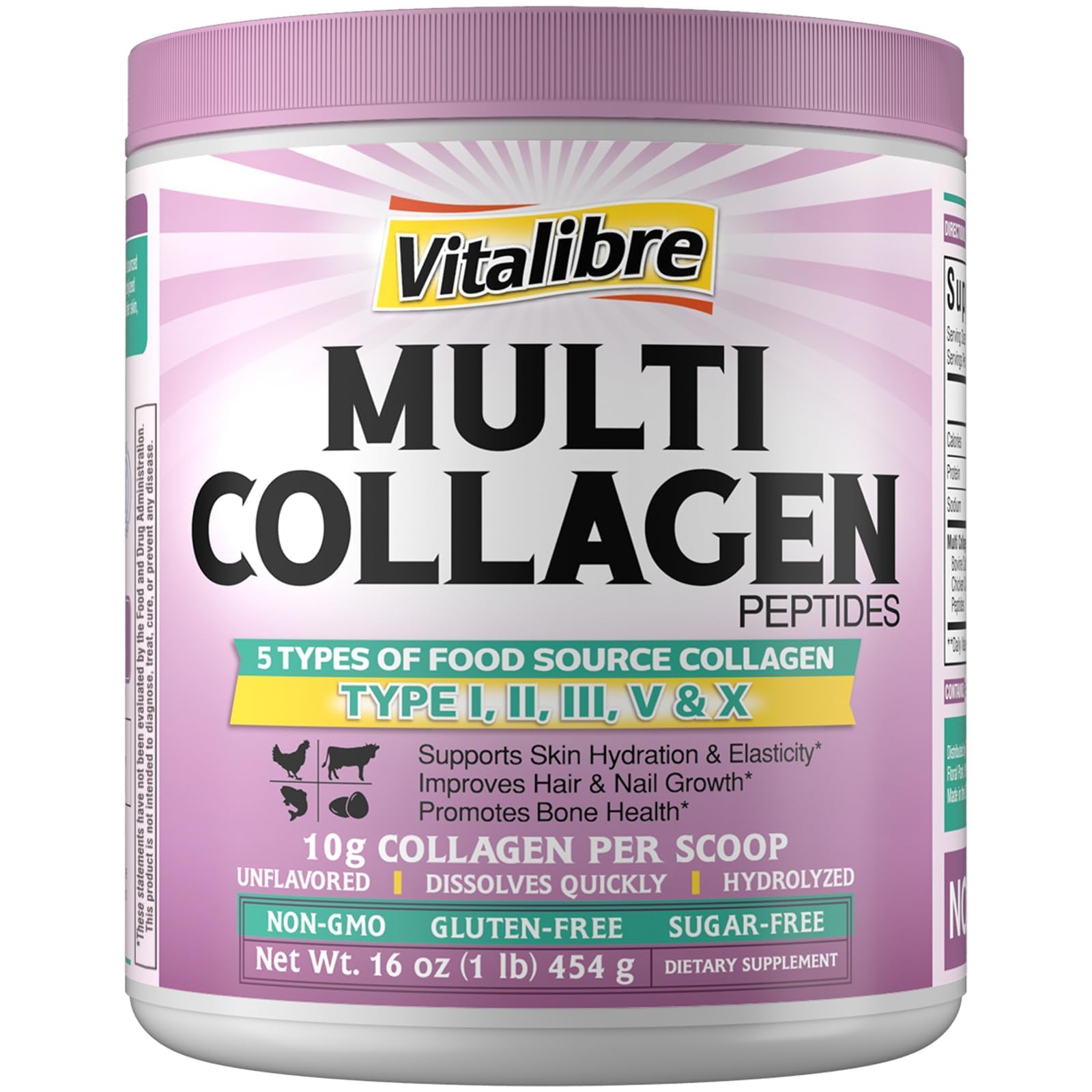 Vitalibre Multi Collagen Peptides Powder Type I II III V X, Hydrolyzed Collagen Protein for Women and Men, Skin, Hair, Nails, Unflavored, Non-GMO,