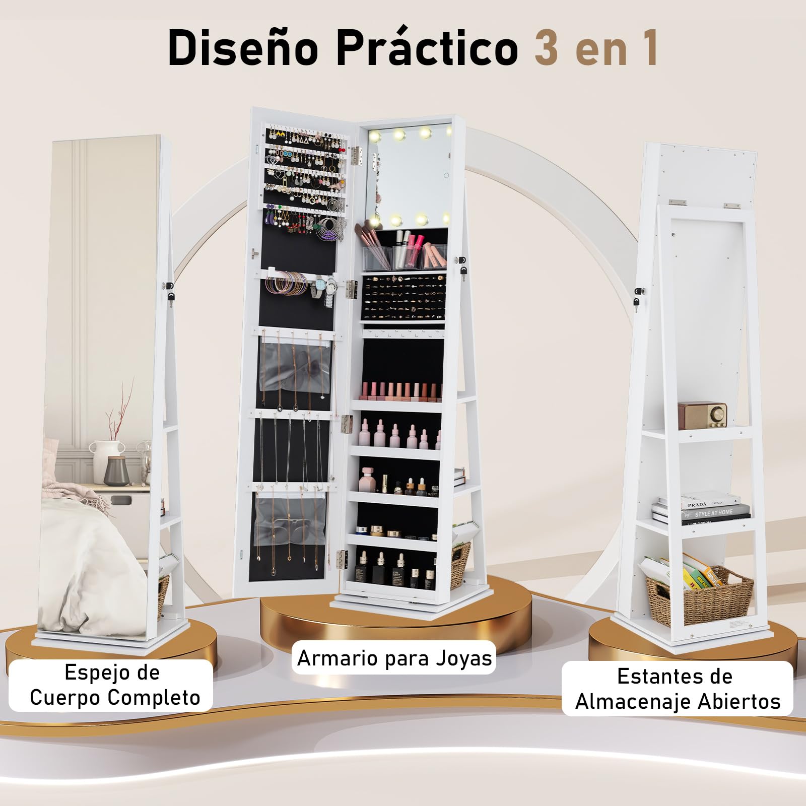 COSTWAY Espejo Joyero de Pie, Armario Joyero Giratorio 360°, Luces y Estantes, Blanco