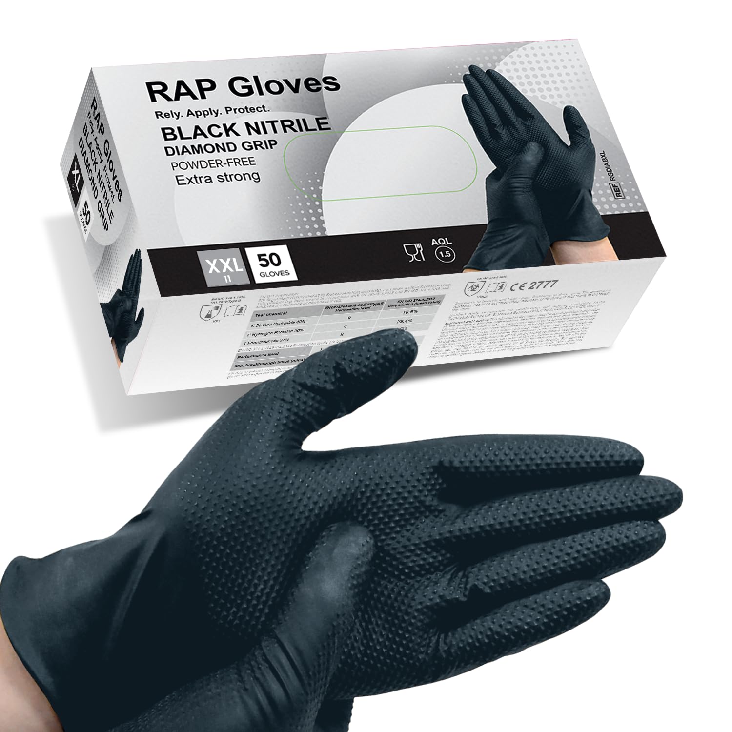 50 Black Nitrile Disposable Gloves XXL Heavy duty, Diamond Grip Gloves, Latex-Free, Powder-Free, Non-slip, Extra Thick – Ideal For Mechanics, Workshop, and Automotive use.