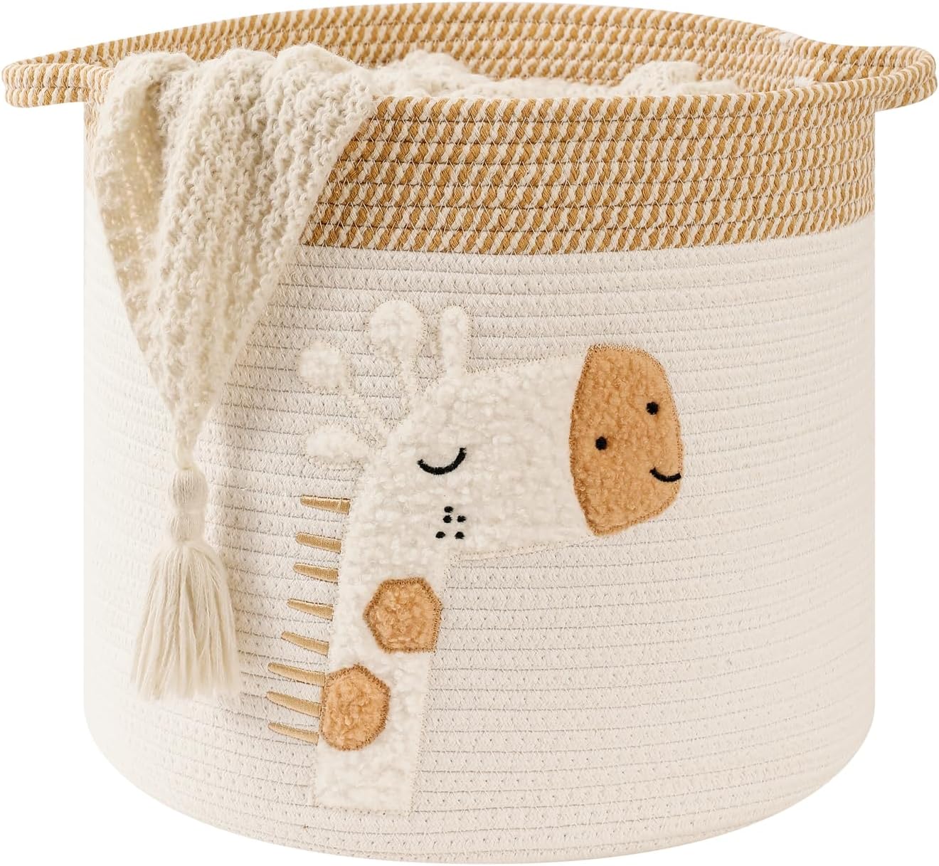 Large Blanket Baskets for Living Room Decor, Toy Storage Baskets Woven Cotton Rope Storage Basket for Kids, Dog Toys Organizer Clothes Hamper with Embroidery Decor for NurseryLaundry (Large, Giraffe)