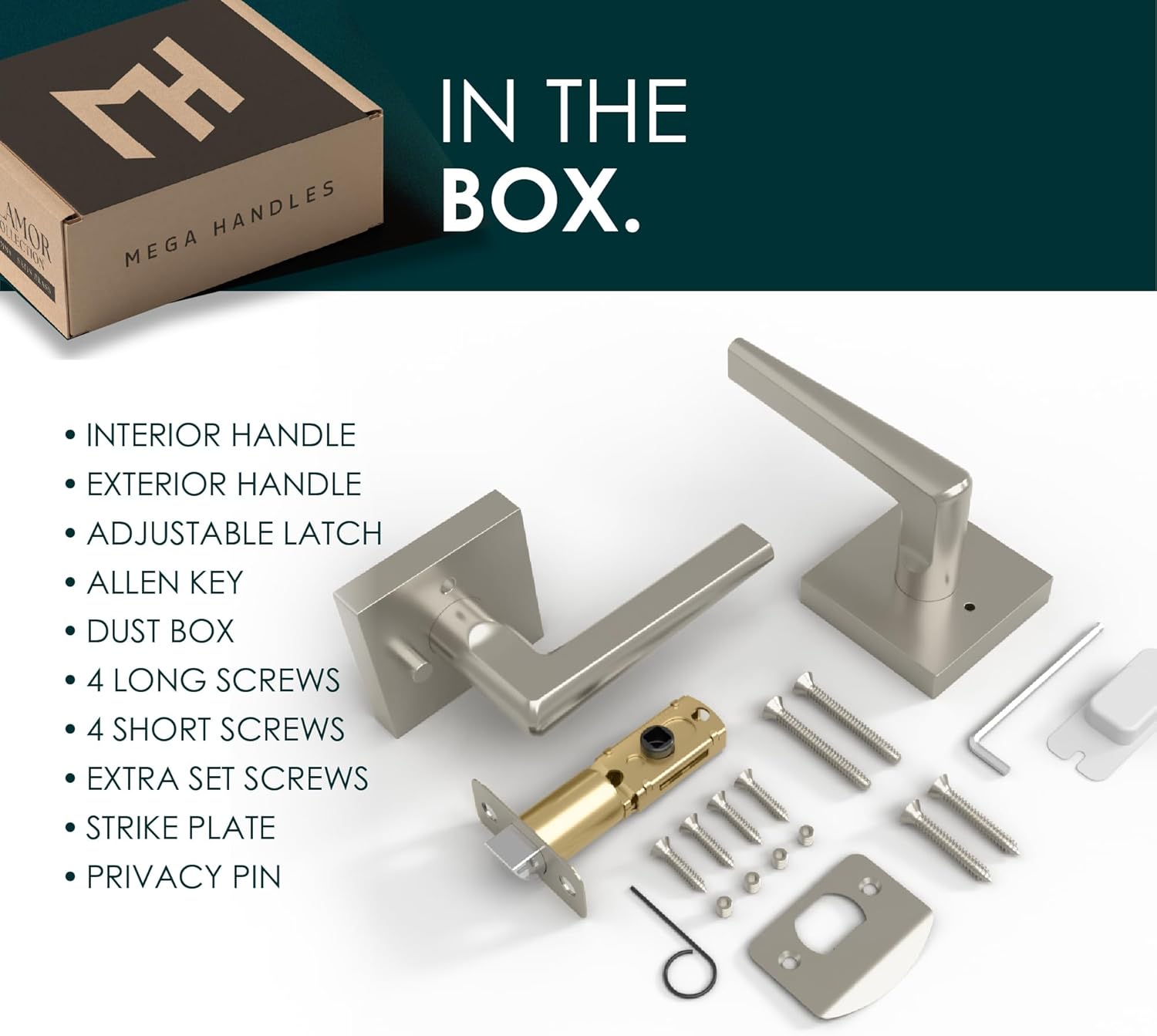 Mega Handles Schein Privacy Door Handle - 1 Pack Reversible Brushed Nickel Door Handles, Heavy Duty Bed & Bath Door Handles with Privacy Door Lock, Fits All Standard Doors - Satin Nickel