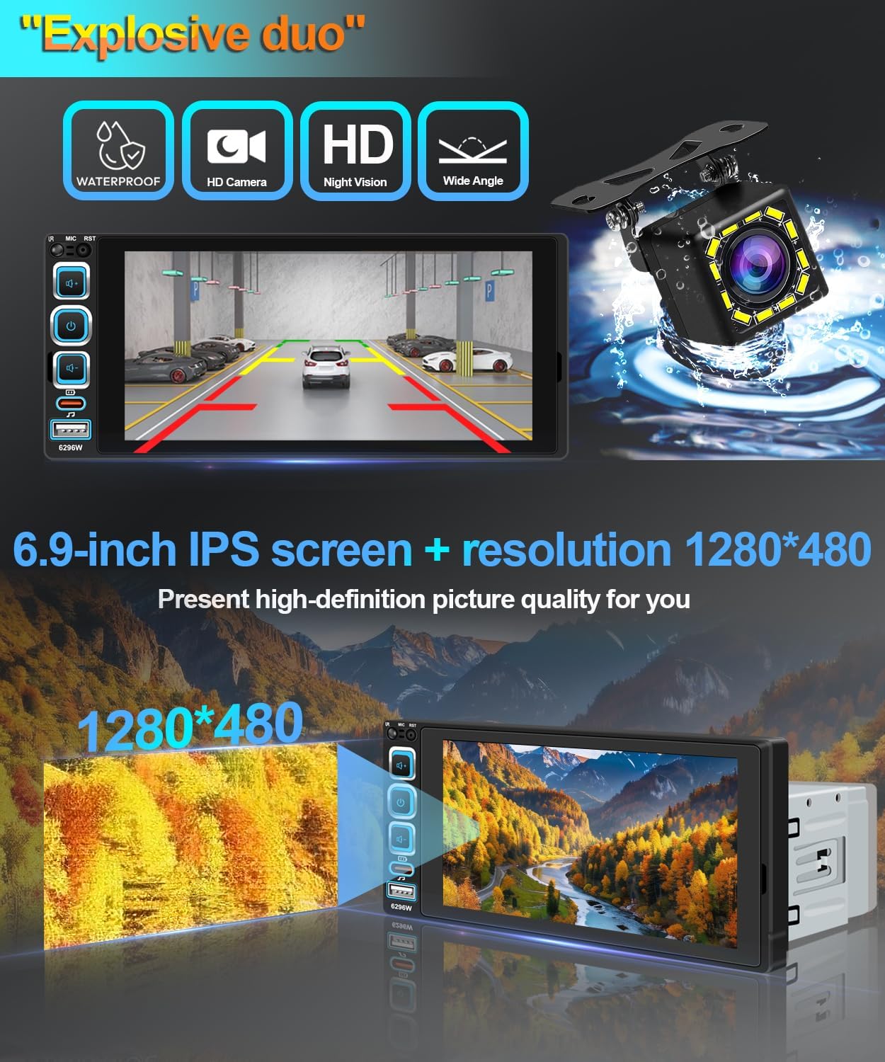 6.9" Single Din Car Stereo Wireless Apple CarPlay,IPS 1280 * 480 Capacitance Touchscreen, Car Bluetooth 5.2, FM Car Radio, Car Audio Receicers, Night VisionBackup Camera, Android Auto, USB Type-c