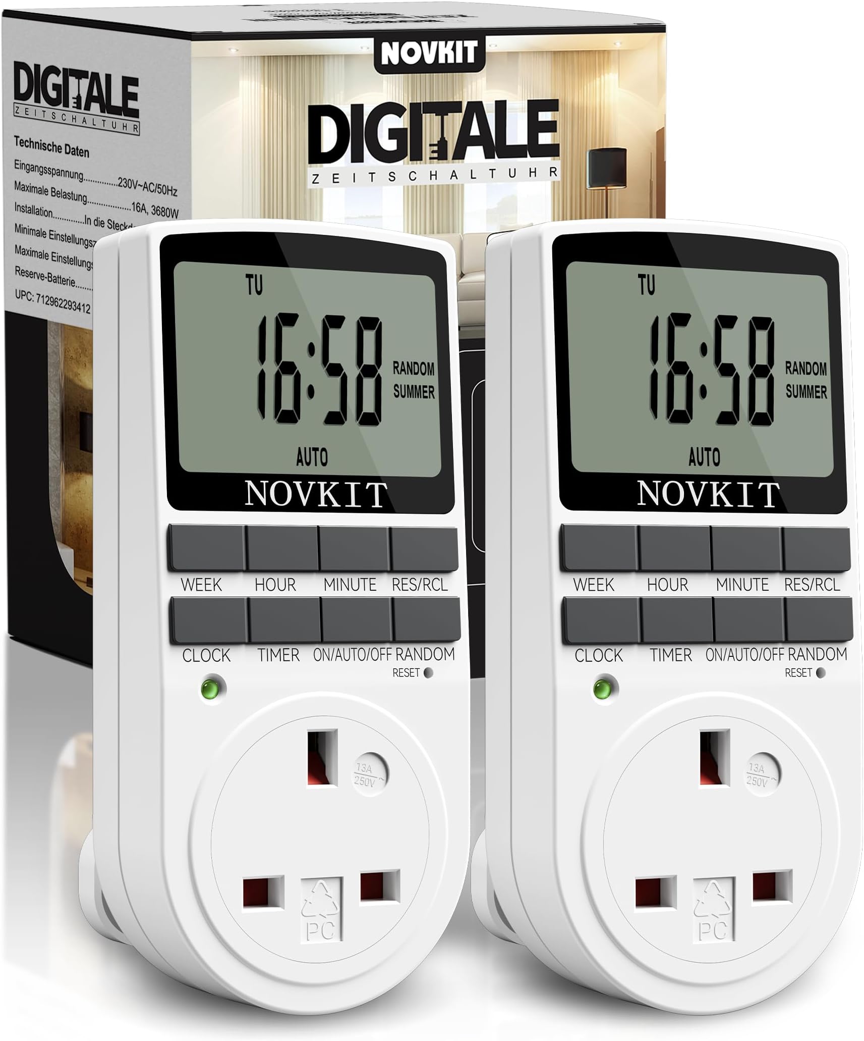2 x NOVKIT Digital Security Timer Plug Socket Programmable Switch Timer with 10 ON-Off Programs and Random Mode for Home and Indoor (230V, 13A, 2900W)