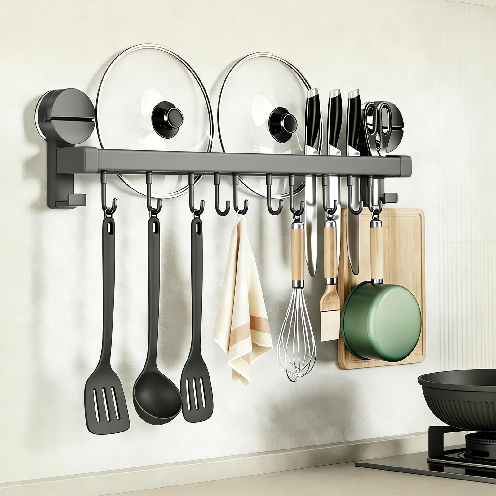 [PureKone] キッチンツールフック 吸盤 壁掛け 強力 キッチン収納 調理器具 10個可動式フック 防水防錆 アルミニウム 穴あけ不要 台所収納 (グレー, 50cm)