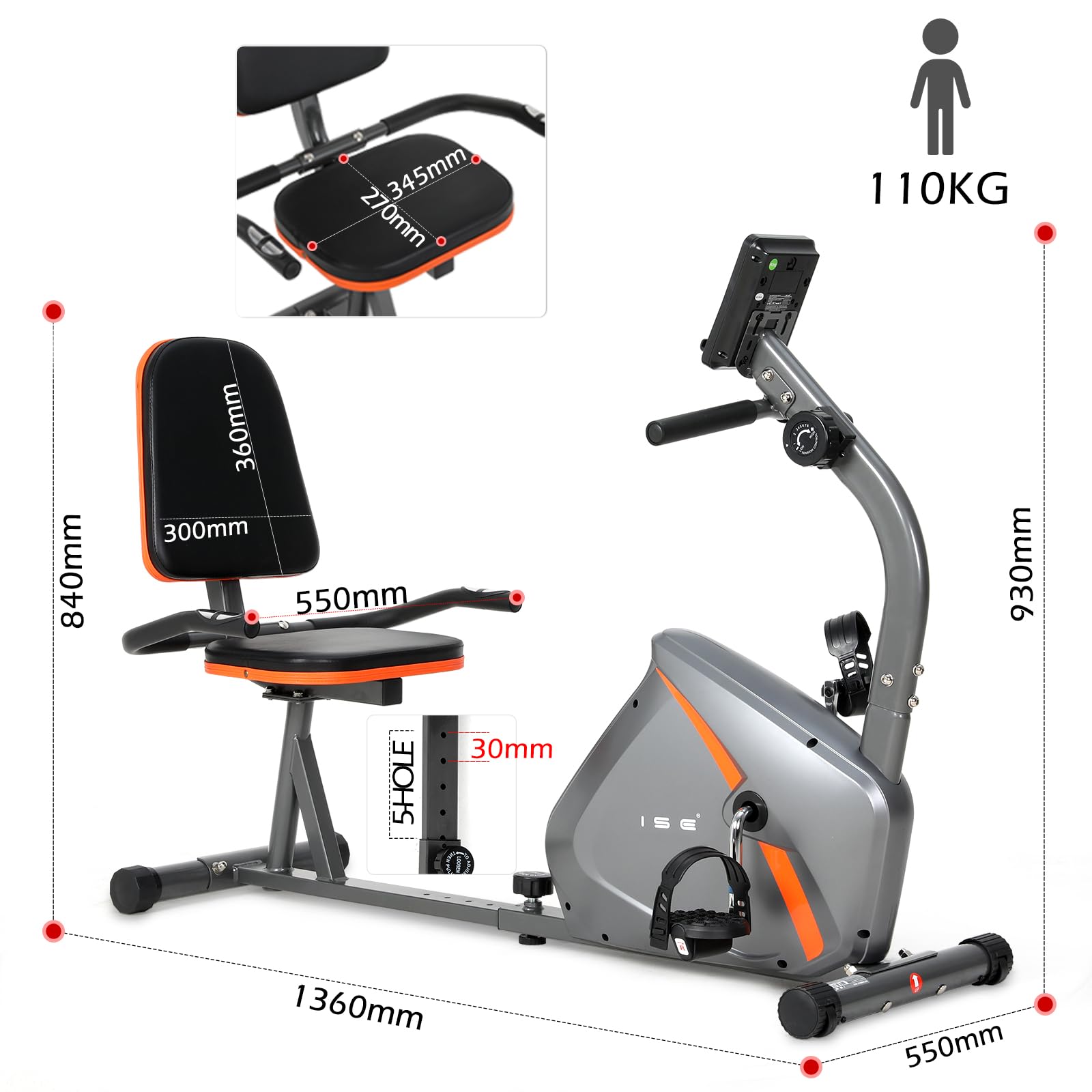 ISE Bicicleta Estática con Respaldo, 8 Niveles de Resistencia, Sensor de Pulso, Bicicleta Estática Elíptica con Soporte, para Ejercicios de Recuperación, Máx. 110 kg