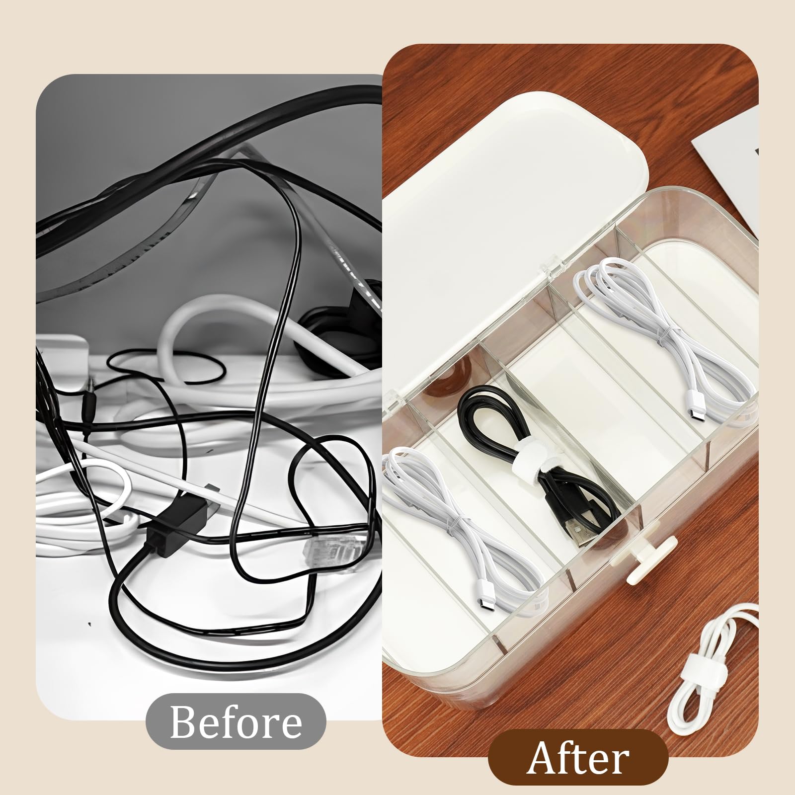 Kabel-Speicherbox mit Deckeln, Kabel-Management-Box mit 6 Gittern und 10 Drahtbindungen, Kunststoff-Datenkabel ordentliche Speicherhülle für Netzkabel, Ladestecker, Desktop Sundrie