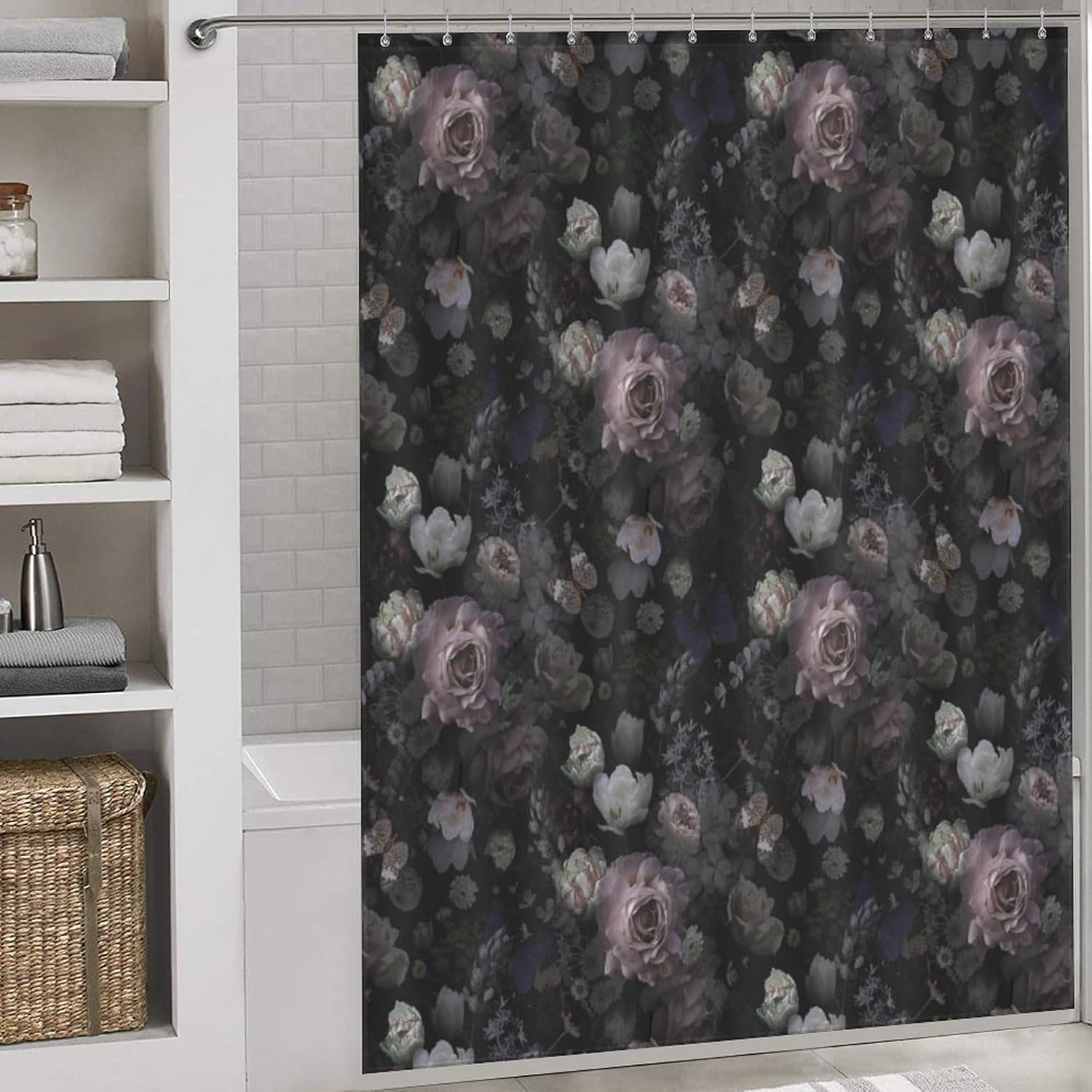 Vintage Floral Shower Curtains Gothic Victorian Black Pink Flower Rose Retro Bath Curtains for Bathroom Decor Polyester Fabric，66x72 Inch