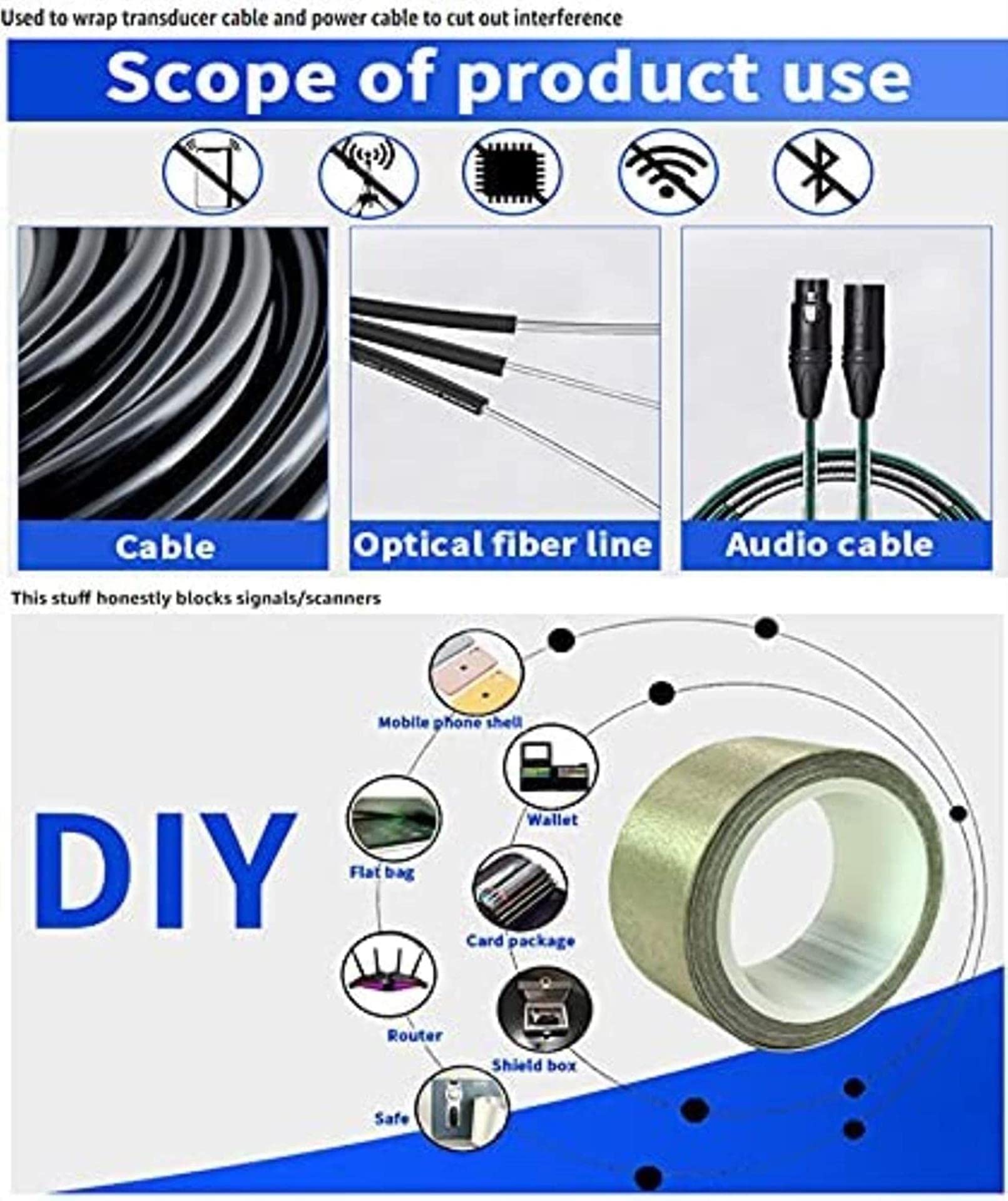 Faraday Tape, Nastro Adesivo conduttivo ad Alta schermatura in Rame nichelato, schermatura RF/EMI/EMF, Messa a Terra (Dimensione: 40mmx20m / 1.6INX66FT) (Colore: 10mmx20m / 0.39INX66FT)
