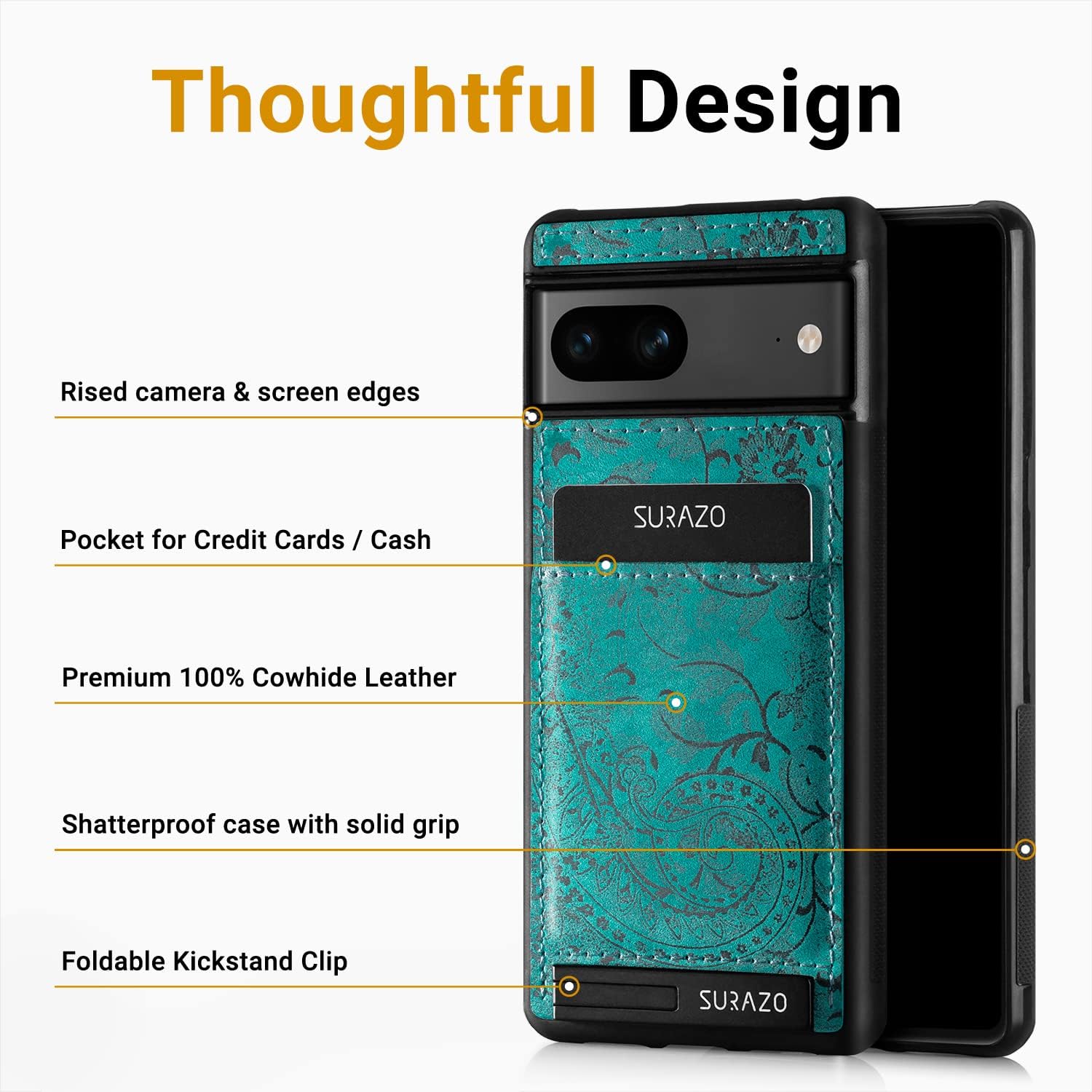 SURAZO Genuine Leather Back Case for Google Pixel 8 Case - Shockproof Leather Mobile Phone Case Cover with [Card Slot, Stand Function, Keychain] Floral Slim Bumper Protective Case (Ornament Turquoise)