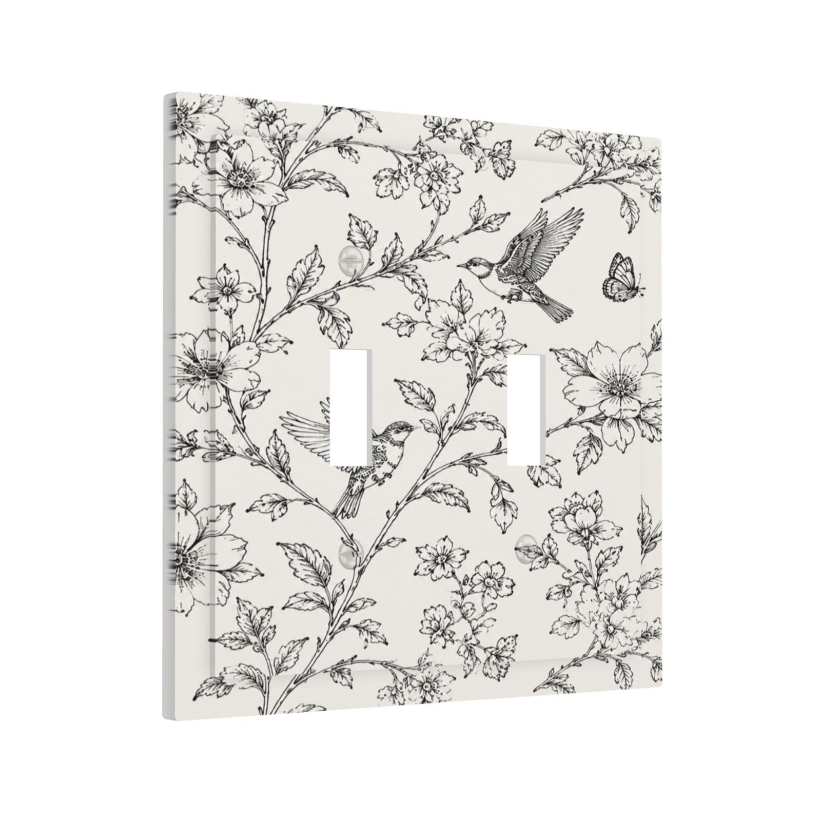 Yamxbfa Decorative Light Switch Cover Plate Vintage Botanical Black Sketch Flower Flying Bird 2 Gang Outlet Covers Double Toggle Wall Plates Electrical Switch Plate Covers Faceplate for Home Decor