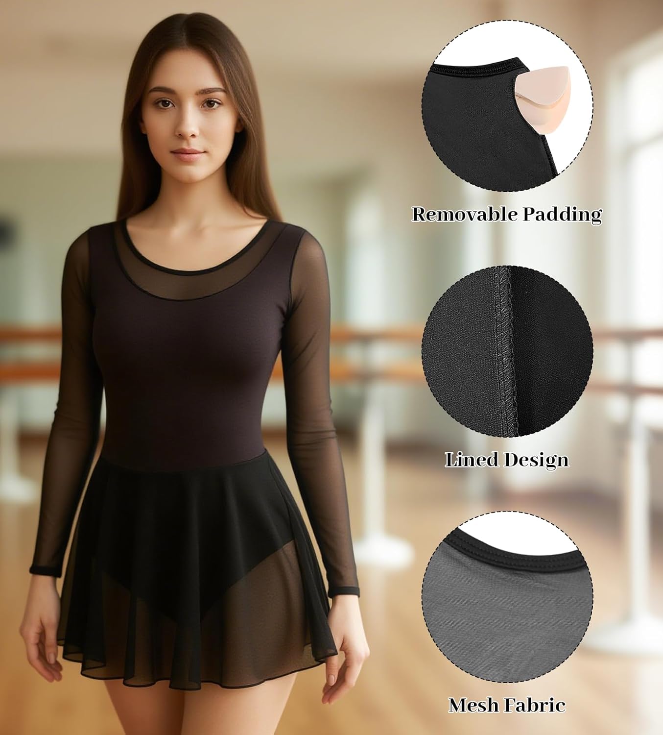 WYHDY Ballet Dance Dresses for Women Mesh Long Sleeve Round Neck Chest Padding Hollow Back