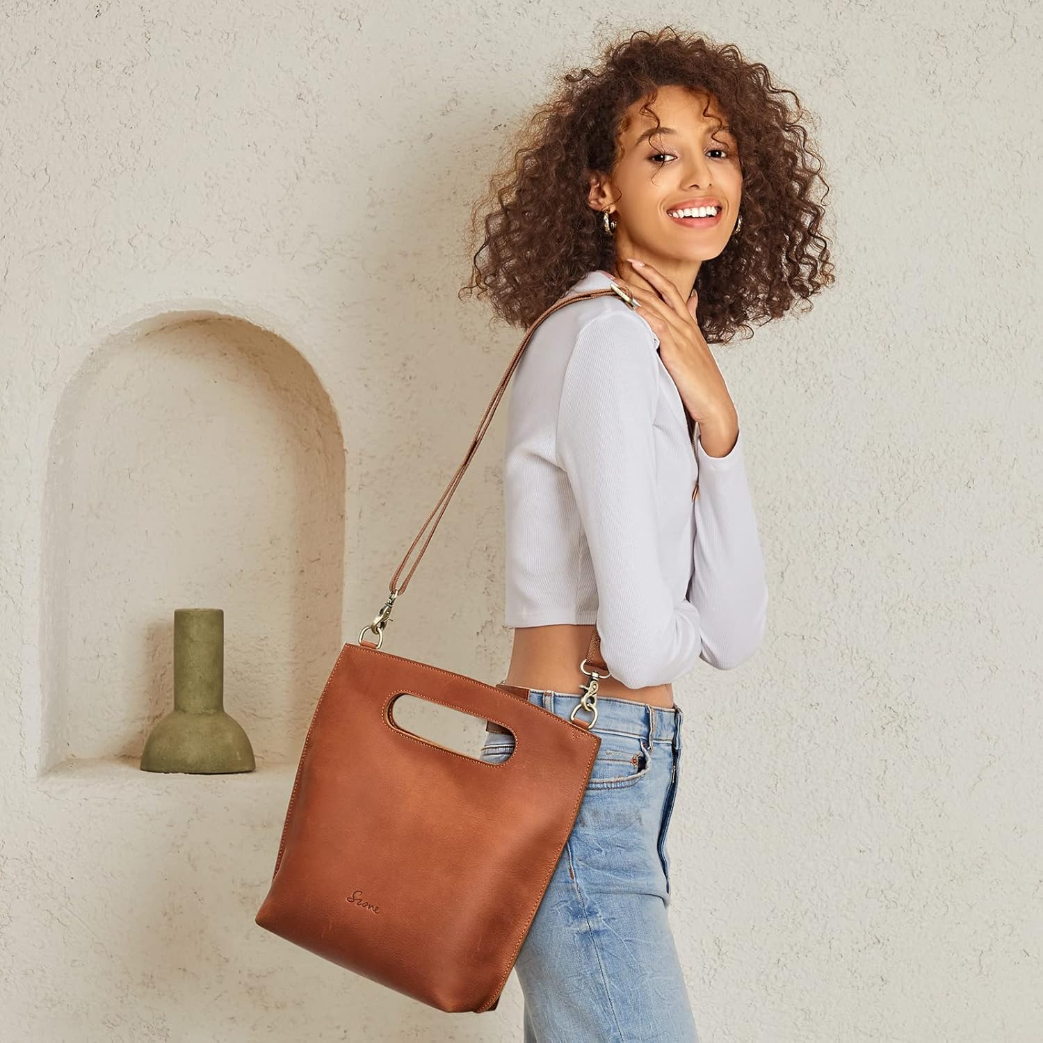 S-ZONE Women Vintage Genuine Leather Crossbody Bag Distressed Foldable Clutch Top Handle Handbag Purse - Image 3