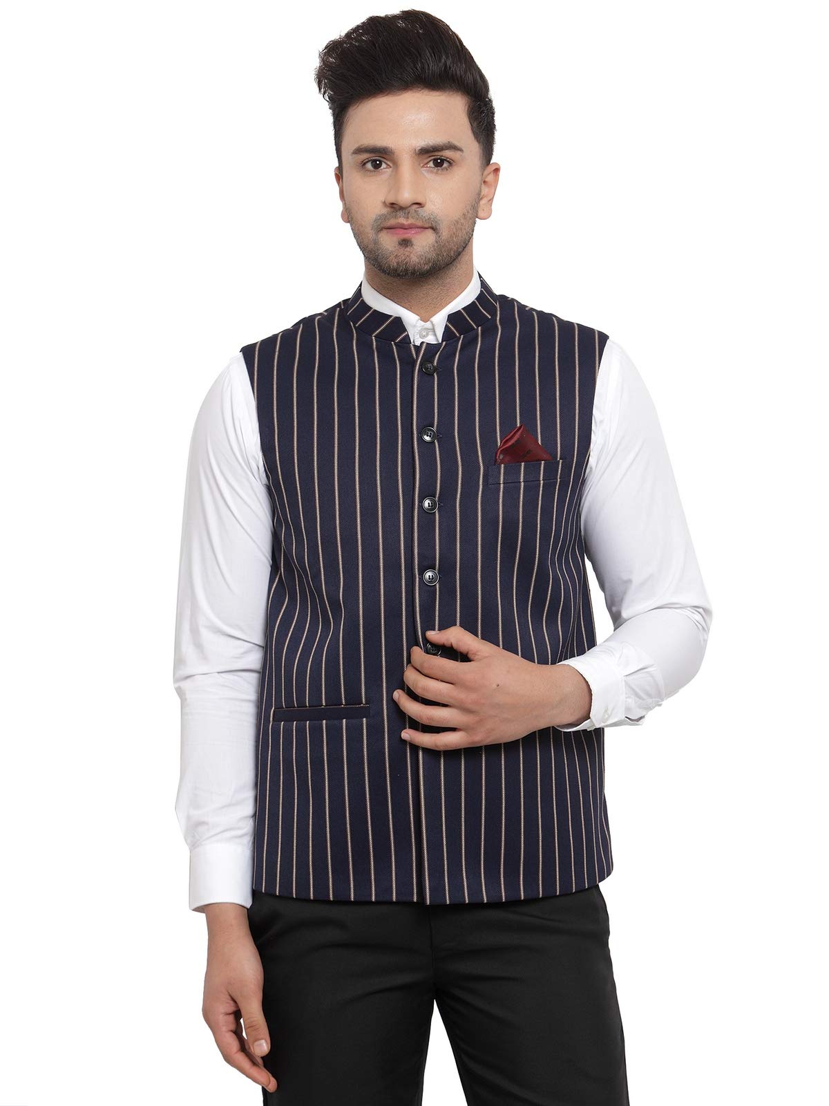 NEUDIS by Dhrohar Striped Wool Nehru Jacket/Waistcoat For Men - Navy Blue 023